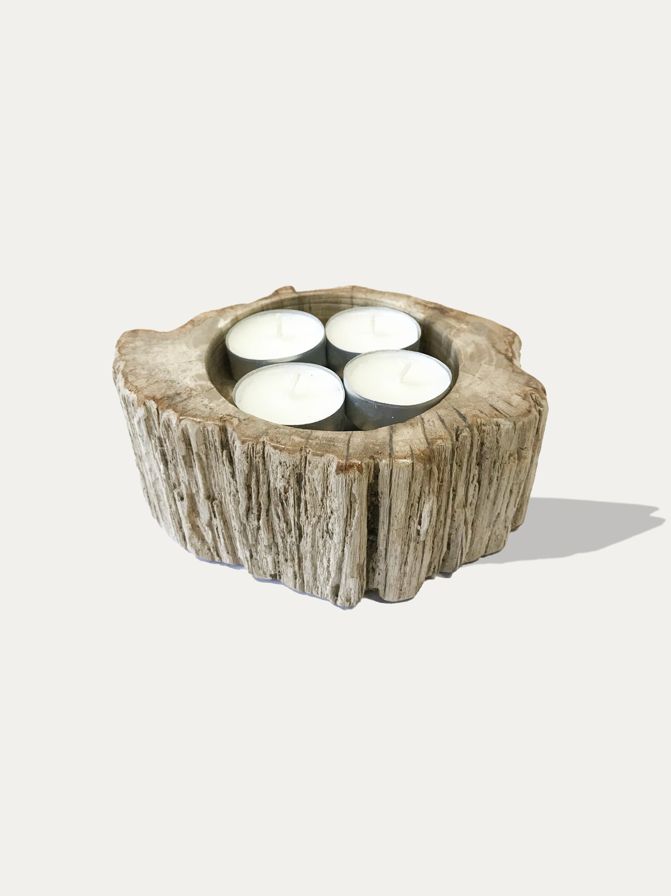 Reversible candle holder in petrified wood