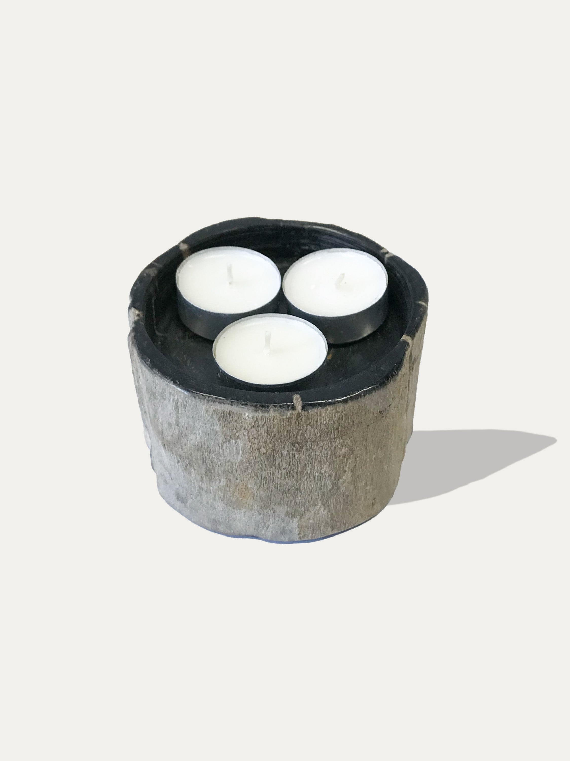 Reversible candle holder in petrified wood