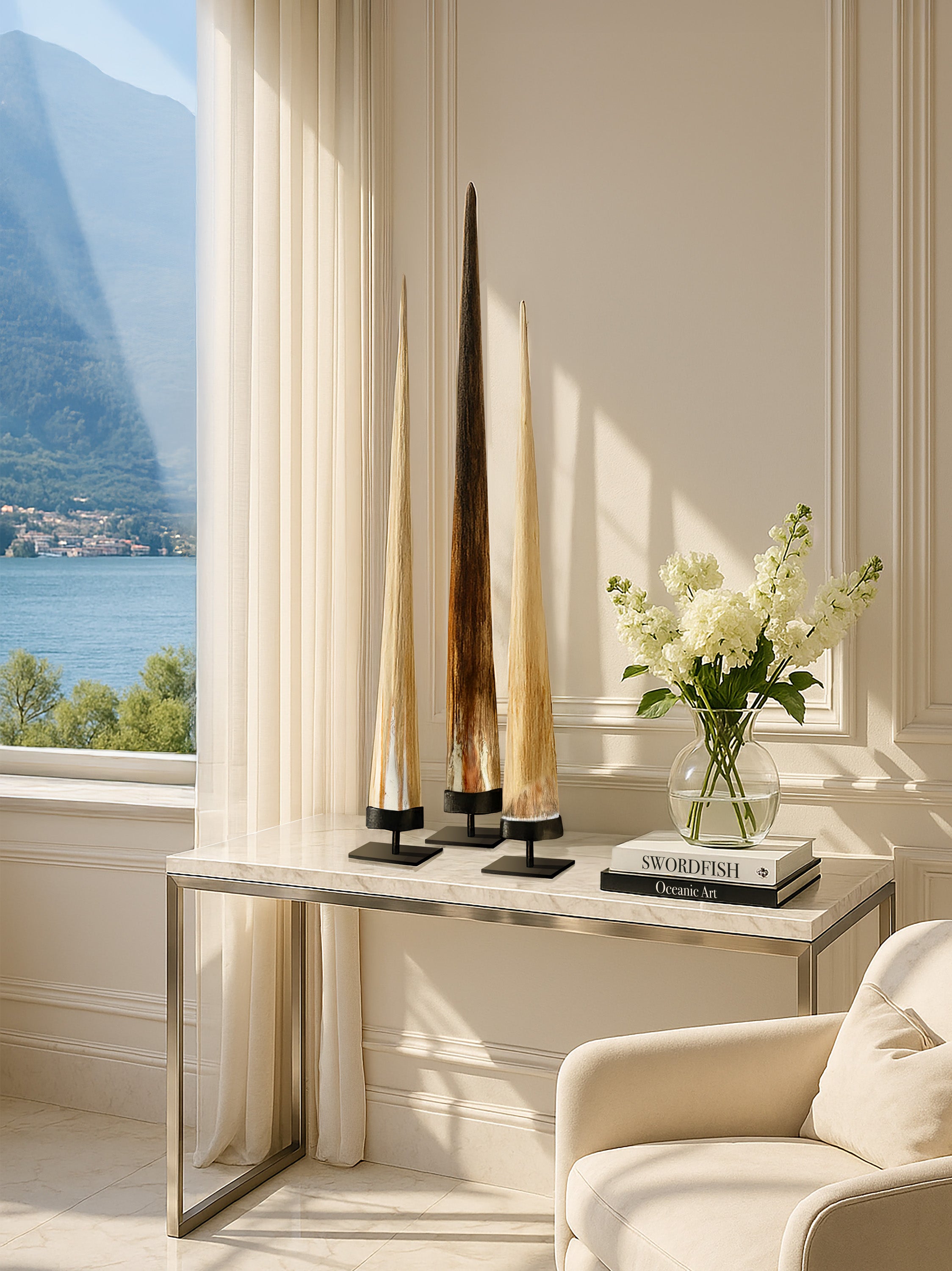 Set of 3 large Indonesian swordfish rostrums, exclusively at Kirschon near Lake Como. A bold natural statement for elegant interiors and coastal-inspired décor.