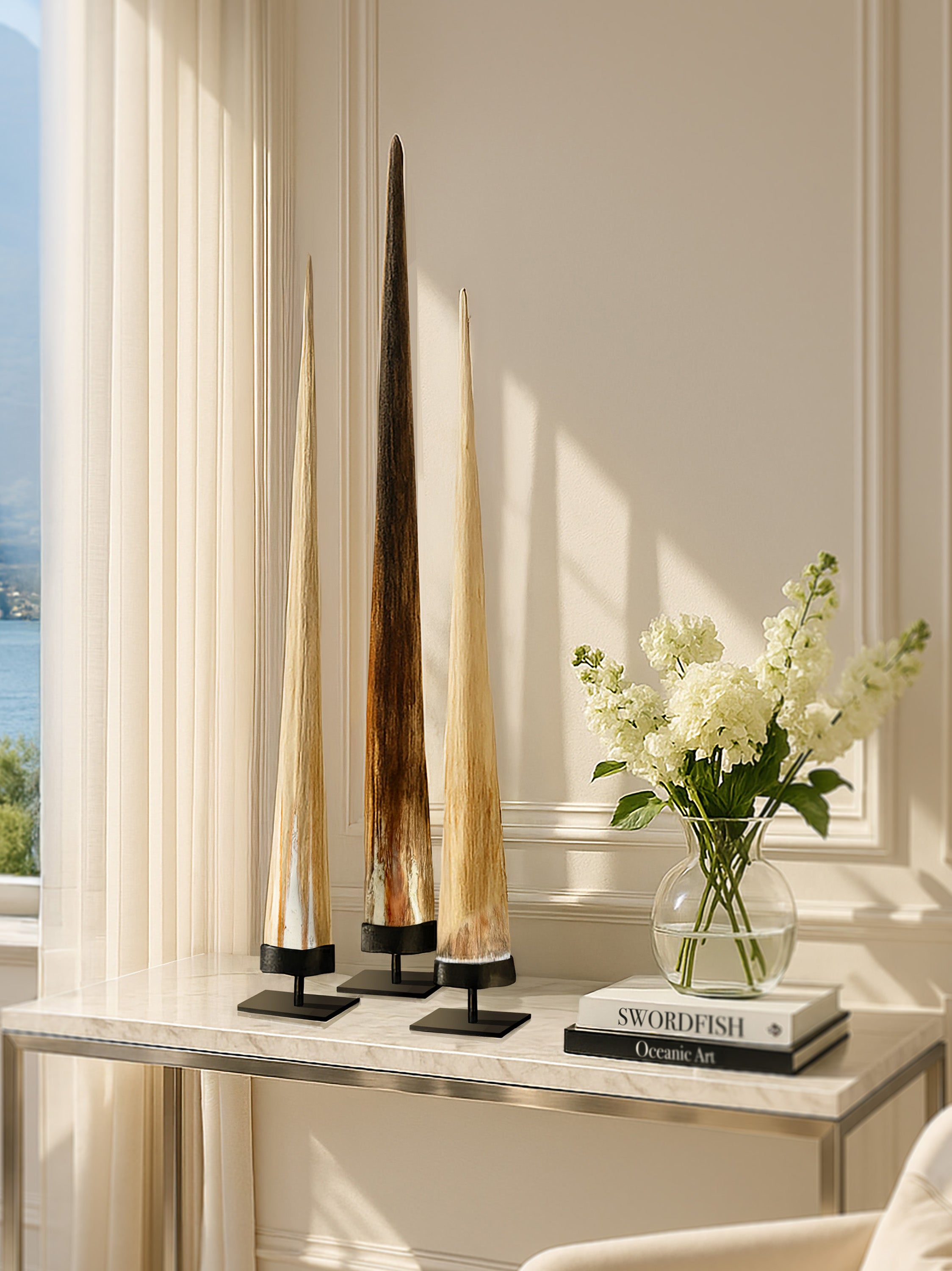 Rare set of 3 authentic swordfish rostrums from Indonesia, curated by Kirschon, Lake Como. A striking trio for collectors and refined interior design projects.