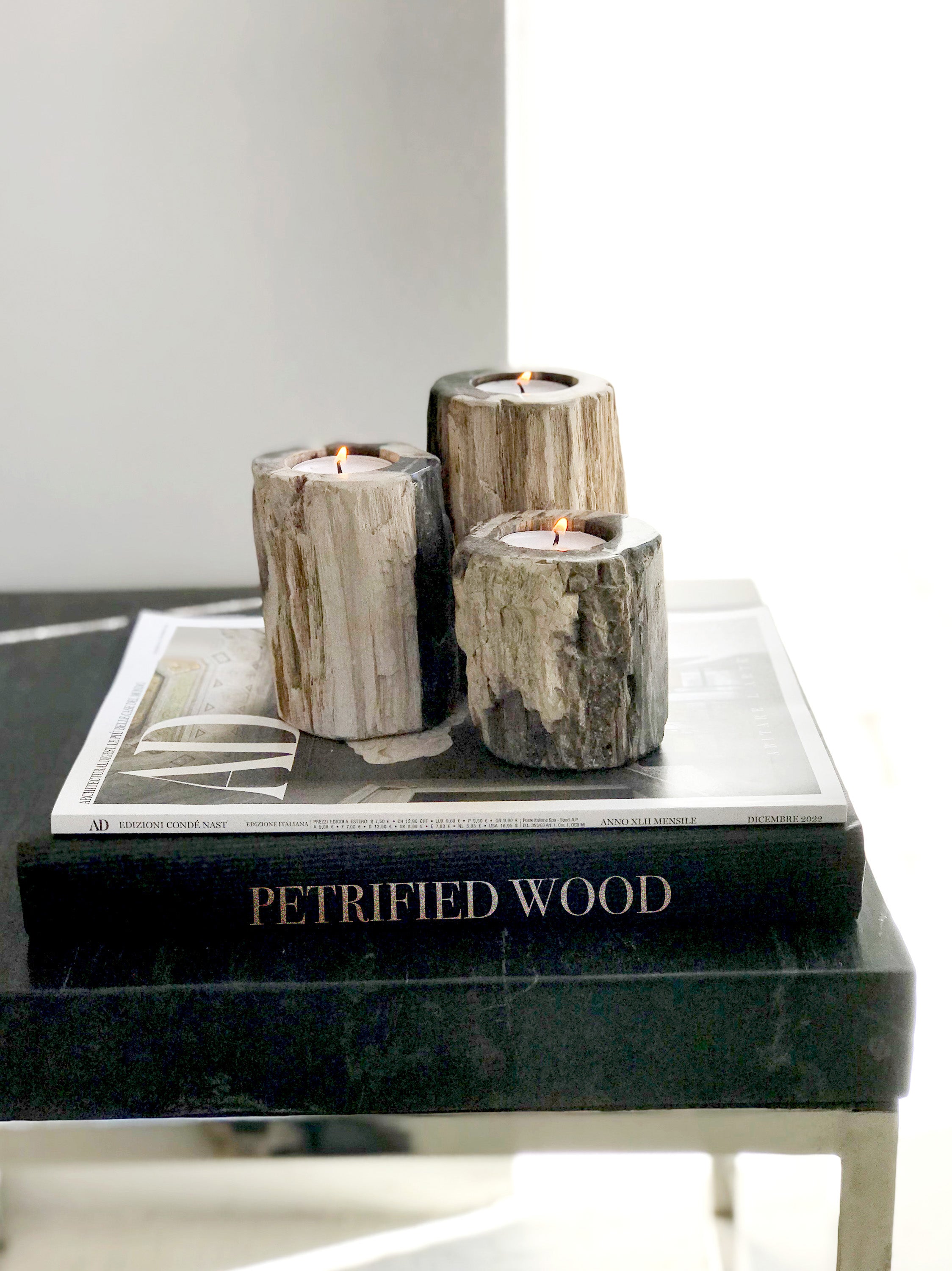 Set of 3 organic reversible candle holders in petrified wood