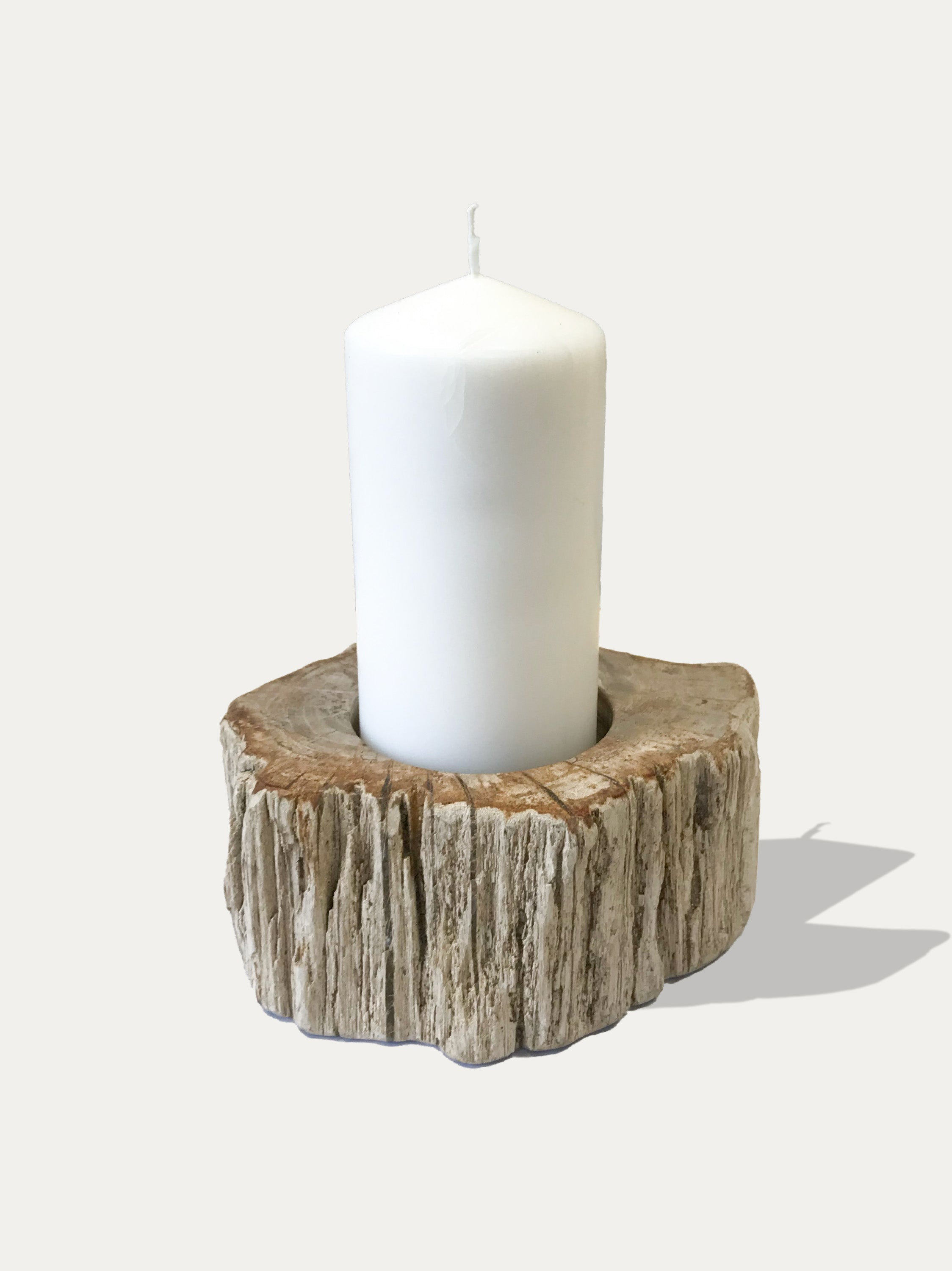 Reversible candle holder in petrified wood