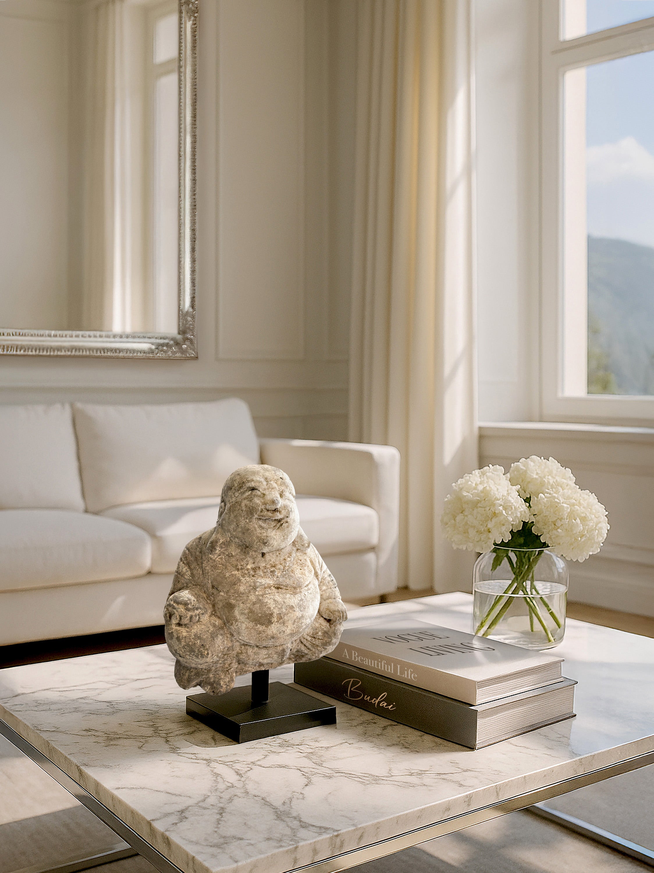 Handcrafted in Java, this Budai Laughing Buddha statue embodies joy and abundance. Made from hardened sand, it features a chubby, smiling monk on a black metal stand—perfect for adding warmth and cultural charm to any interior.