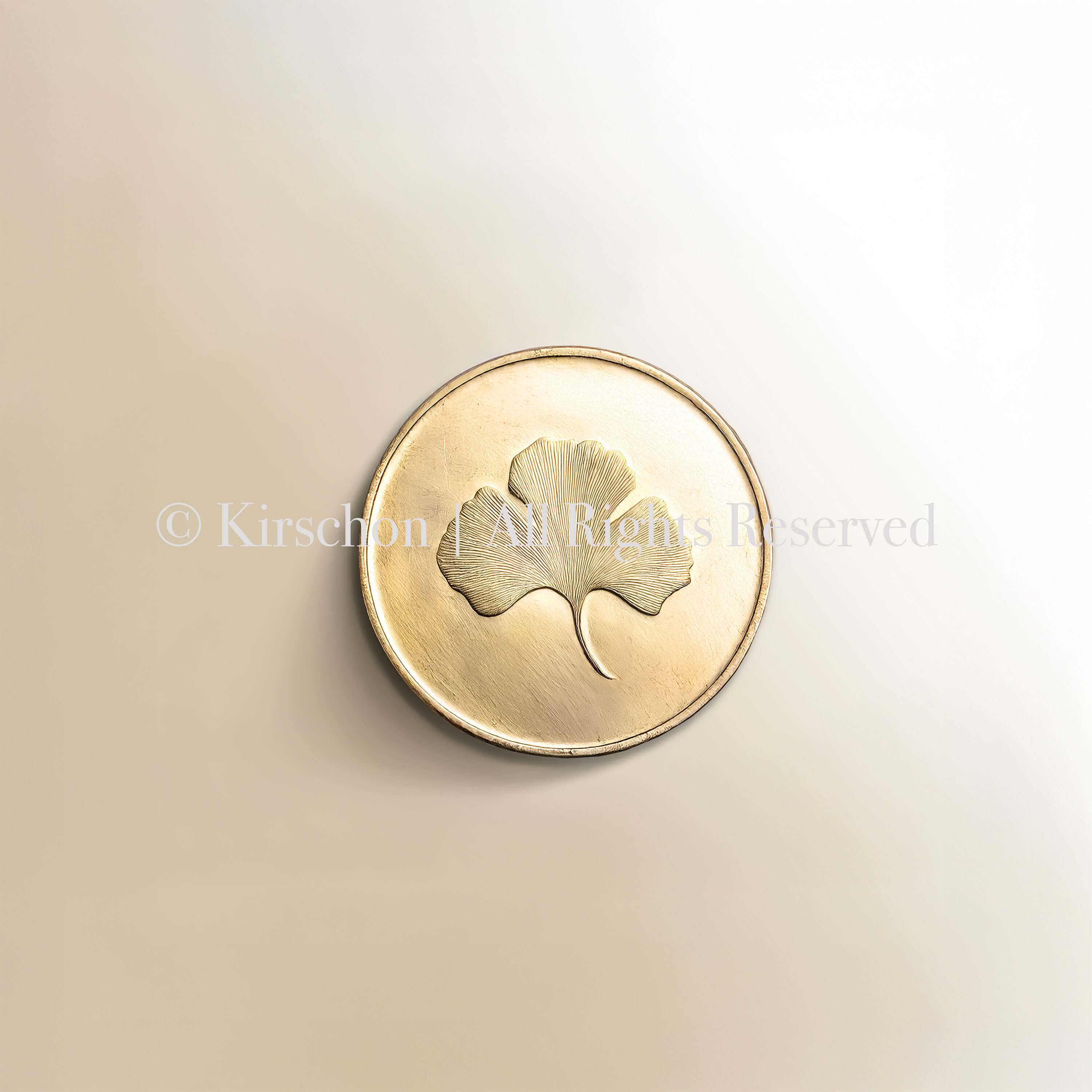 ANTIQUE CHINESE GOLD COIN WITH GINKGO LEAF MOTIF ON ECRU BASE