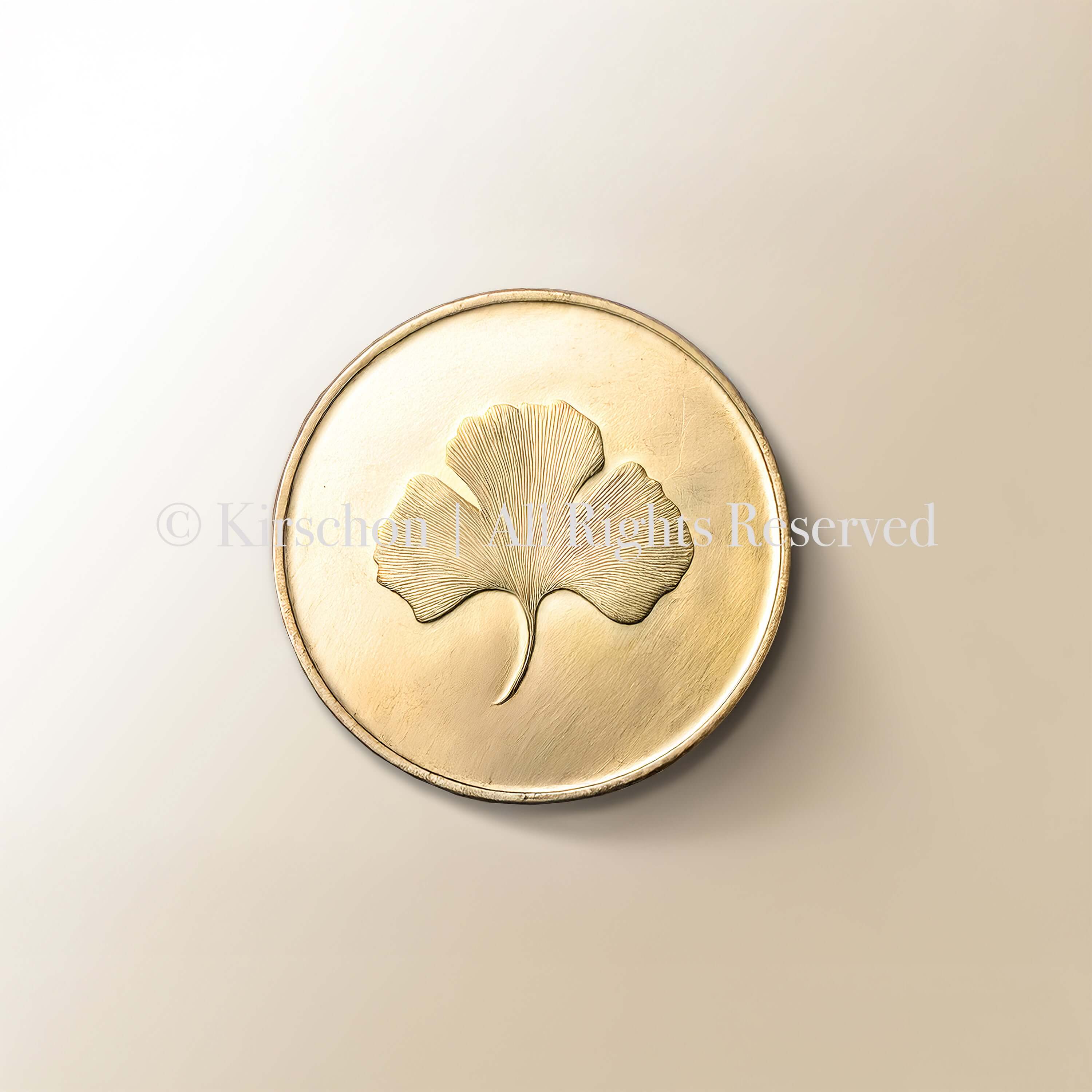 ANTIQUE CHINESE GOLD COIN WITH GINKGO LEAF MOTIF ON ECRU BASE