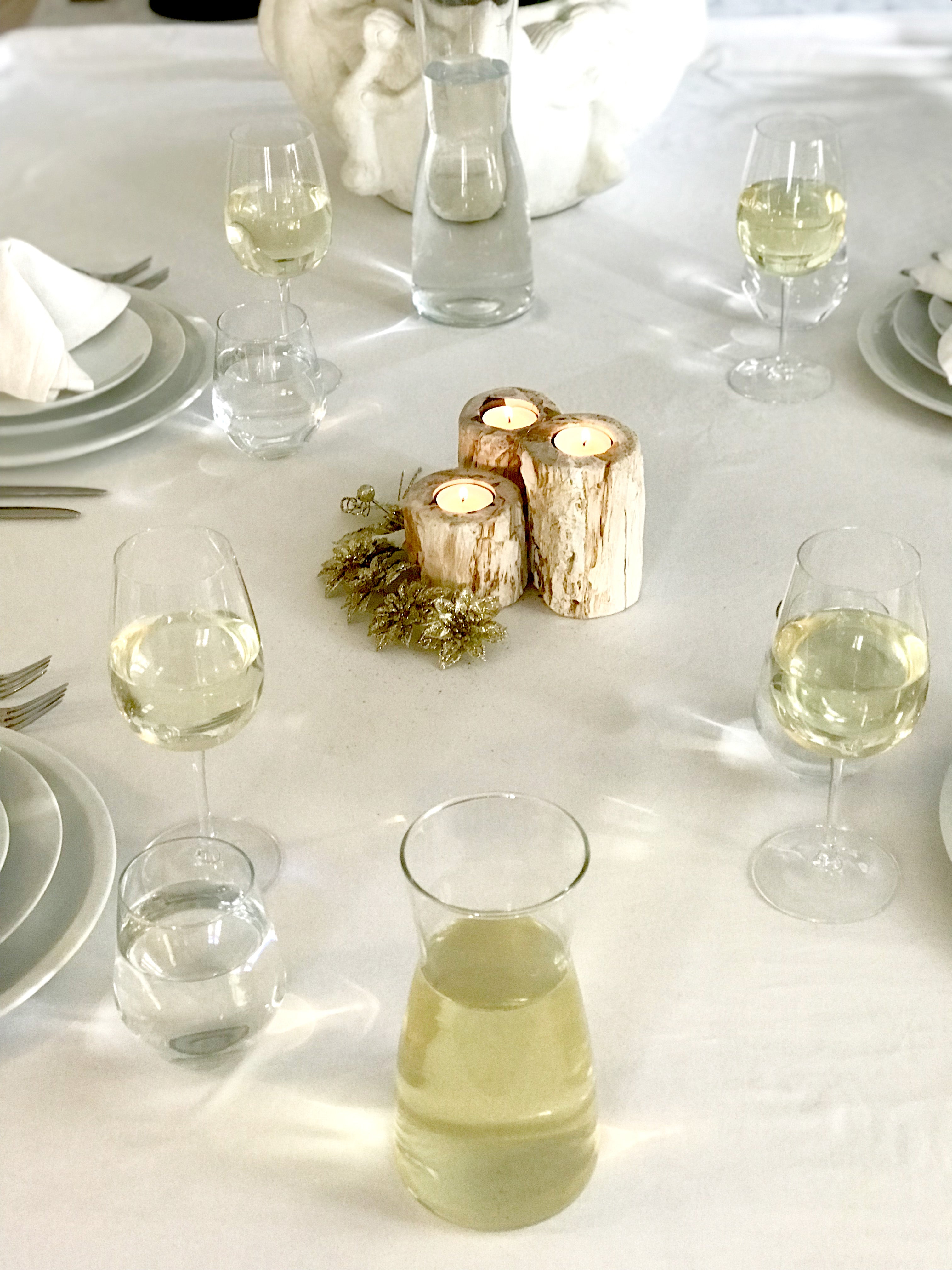 Set of 3 organic reversible candle holders in petrified wood