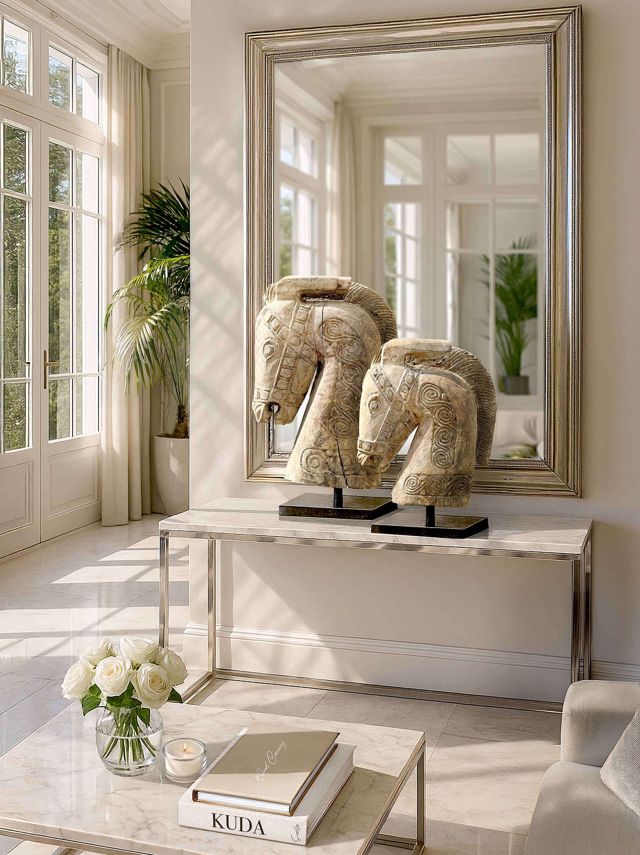 Divine Prosperity set: pair of Kuda horse statues with metal stands. Free shipping from Kirschon on Lake Como
