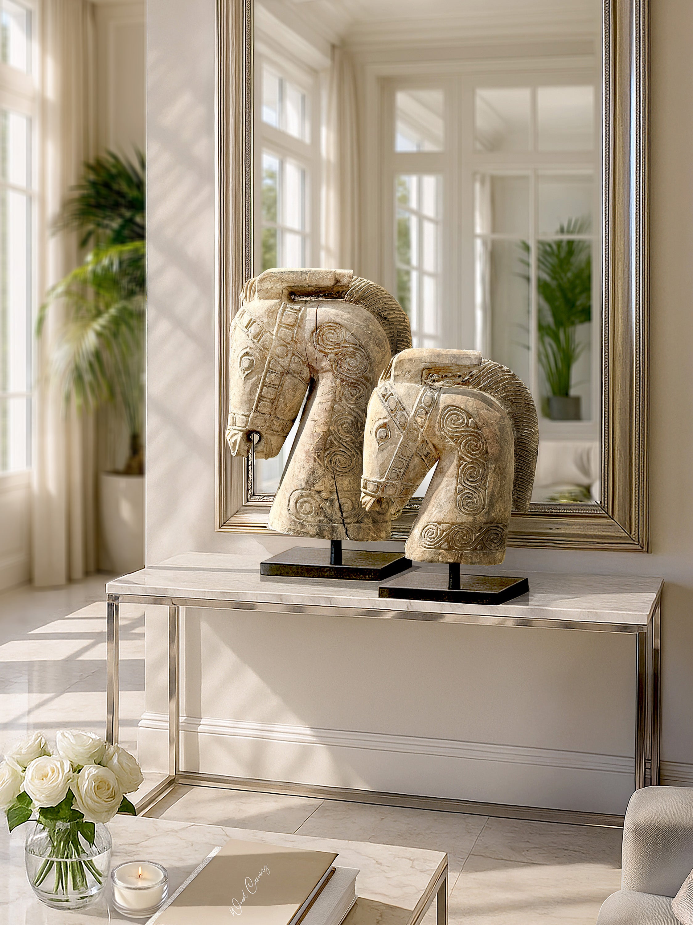 Divine Prosperity set: pair of Kuda horse statues with metal stands. World wide shipping from Kirschon on Lake Como
