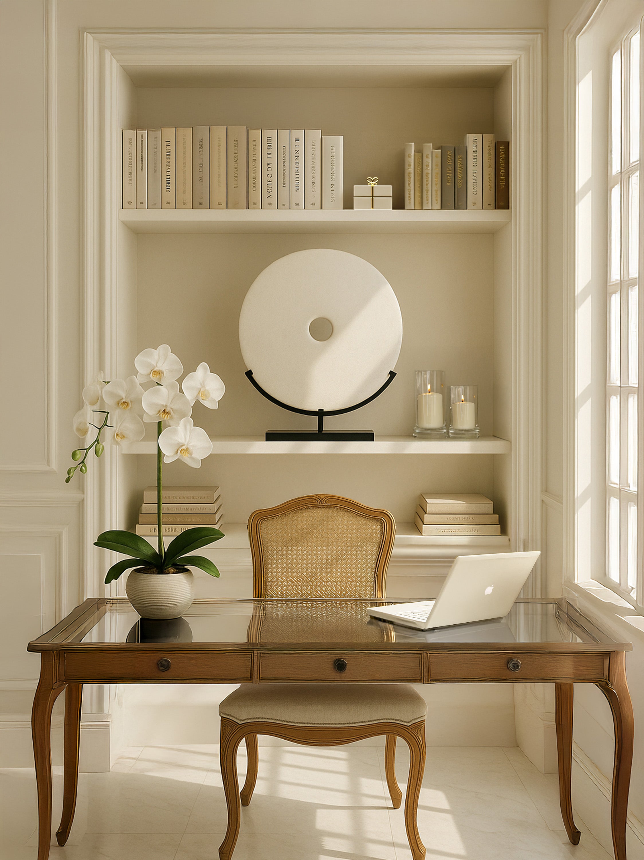 Round white stone statue from Papua - asian art from Lake Como, worldwide shipping