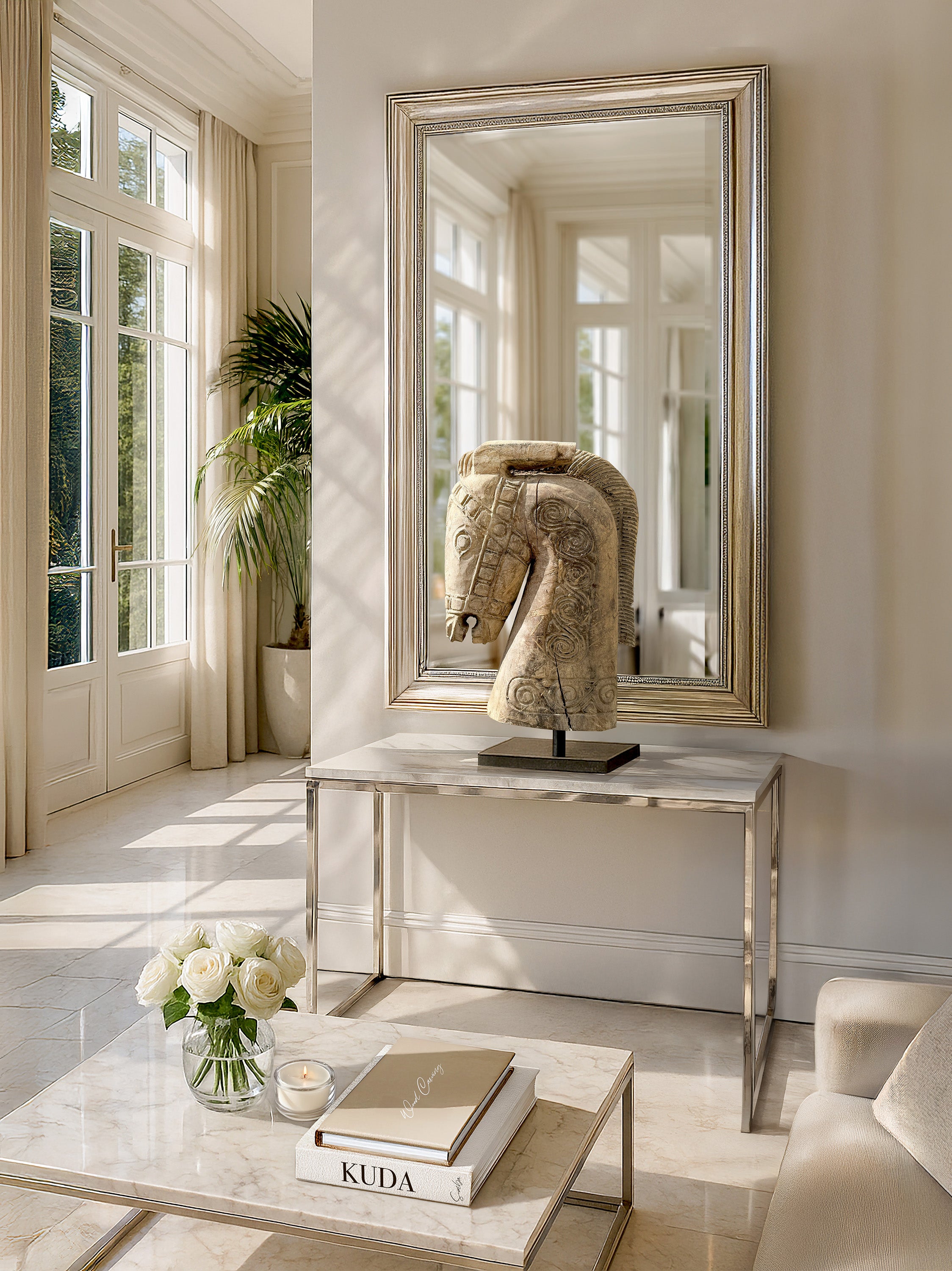 Hand-carved Kuda horse statue from Sumba, Indonesia, displayed in a modern interior. This 70cm wooden artwork, rich in cultural heritage, adds a touch of Southeast Asian elegance to any space.