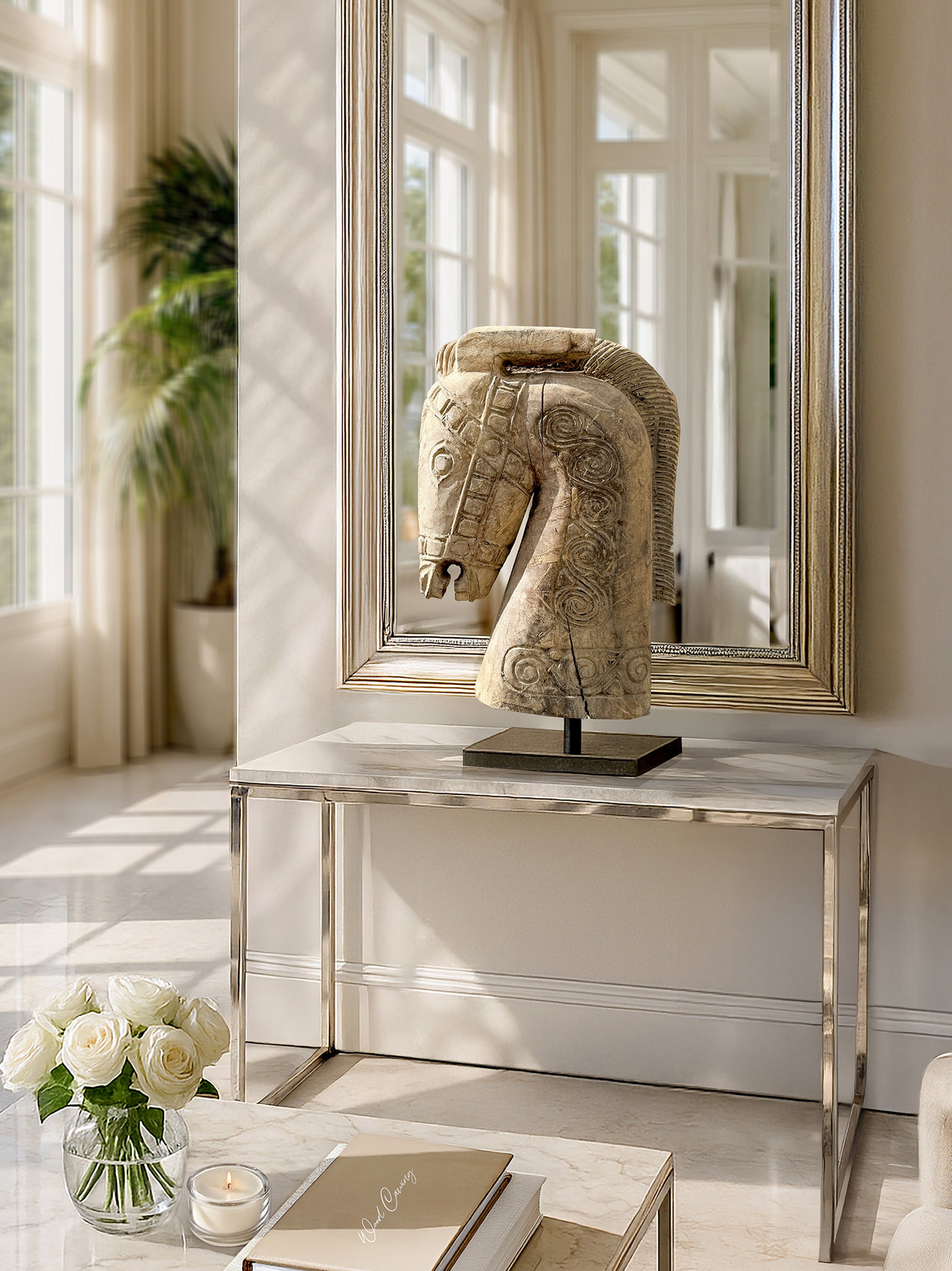 Authentic Sumba Kuda horse statue showcased on a black metal stand against a minimalist backdrop. A symbol of divine prosperity, this handcrafted piece brings Indonesian artistry into contemporary home decor.