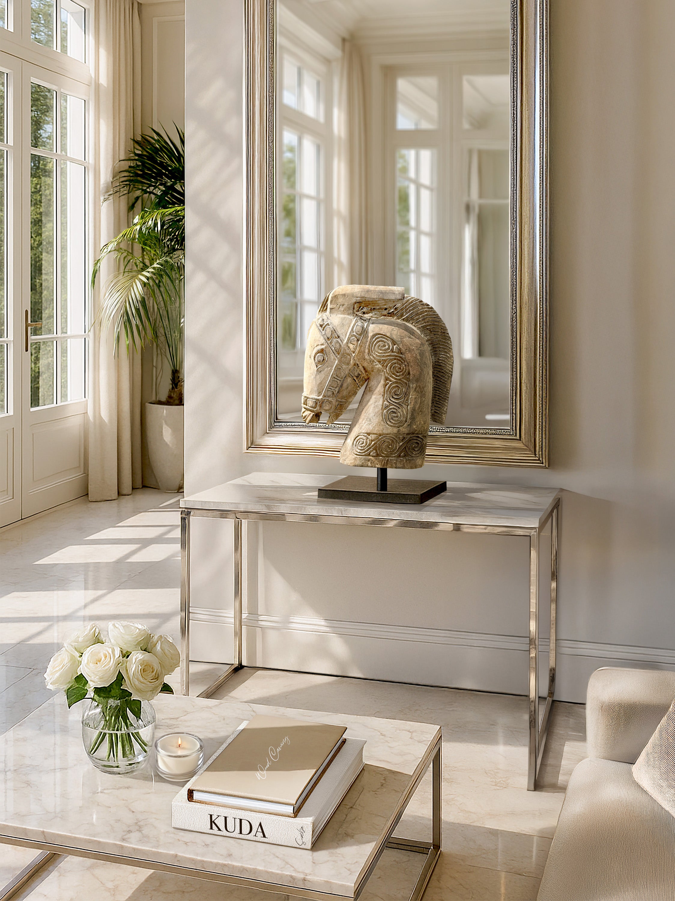 Discover the artisan-crafted Kuda Horse Statue from Sumba, Indonesia. This hand-carved wooden piece embodies traditional craftsmanship and cultural heritage, perfect for adding a touch of exotic elegance to your interior decor.