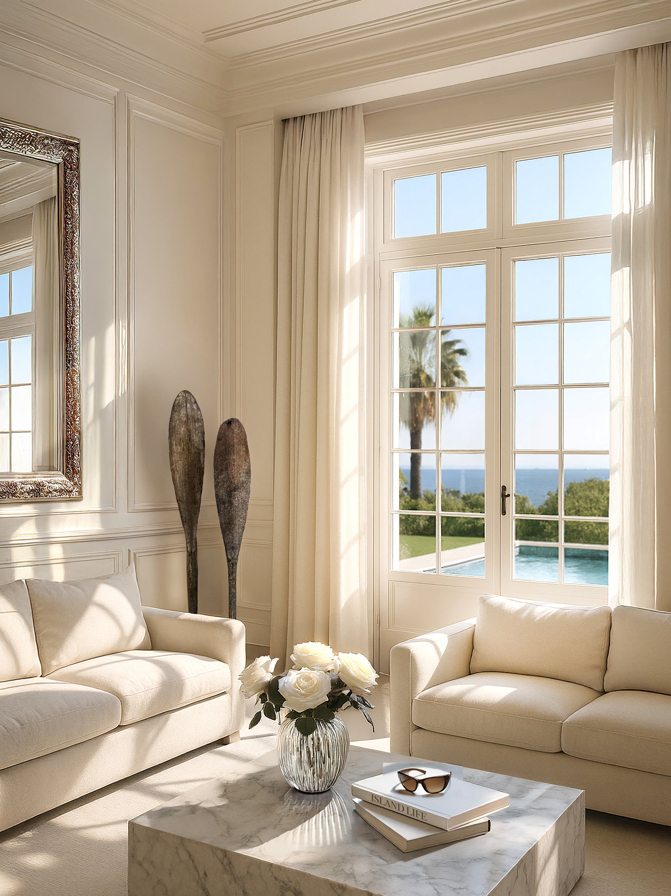 Pair of antique Borneo oars displayed on a textured white wall in an elegant Lake Como villa interior — Asian tribal decor meets Italian minimalism