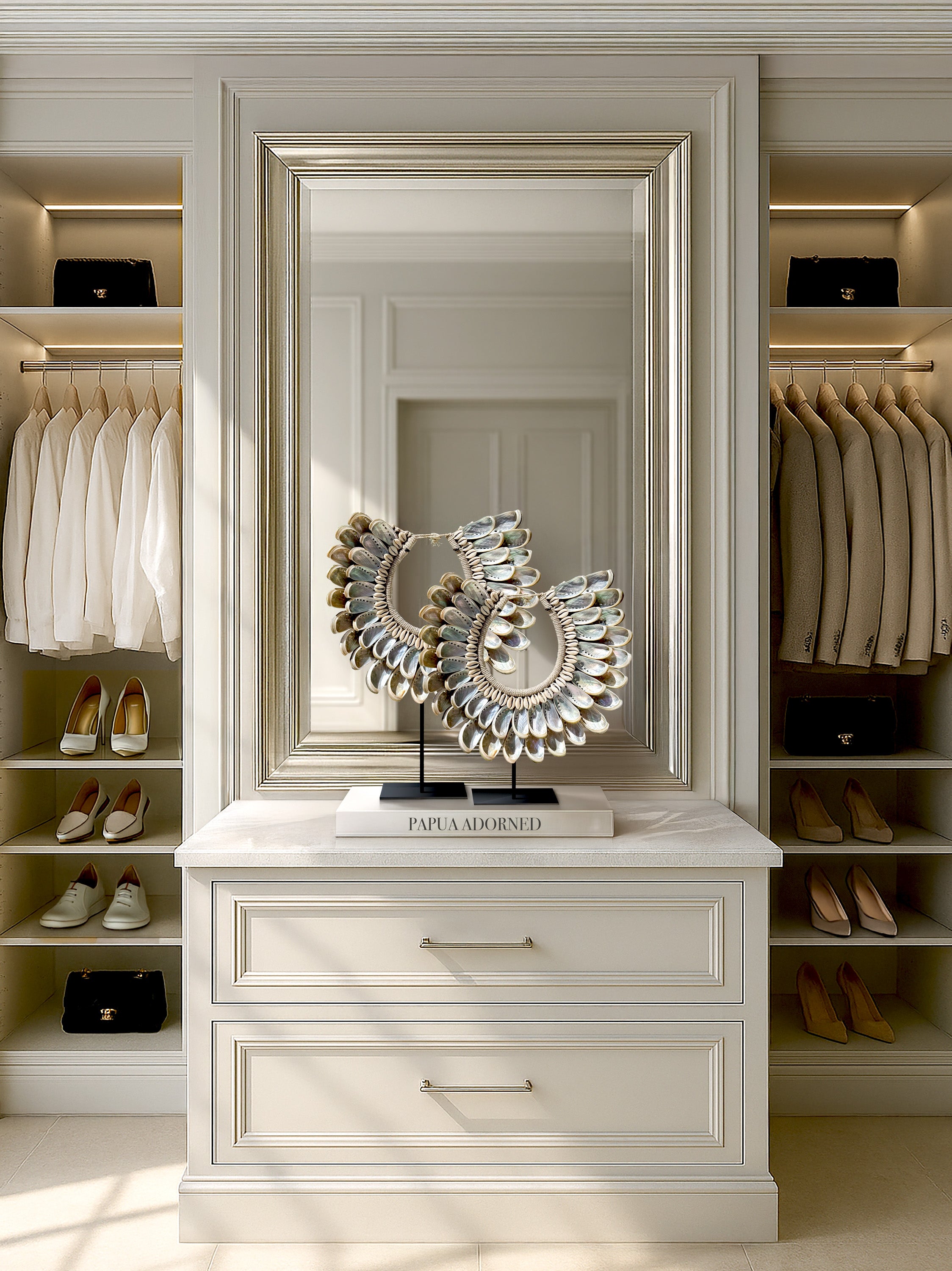 Elevate your Lake Como interiors with a rare set of 2 small abalone shell necklaces from Papua. A perfect blend of organic elegance and artisan heritage, ideal for sophisticated home décor.