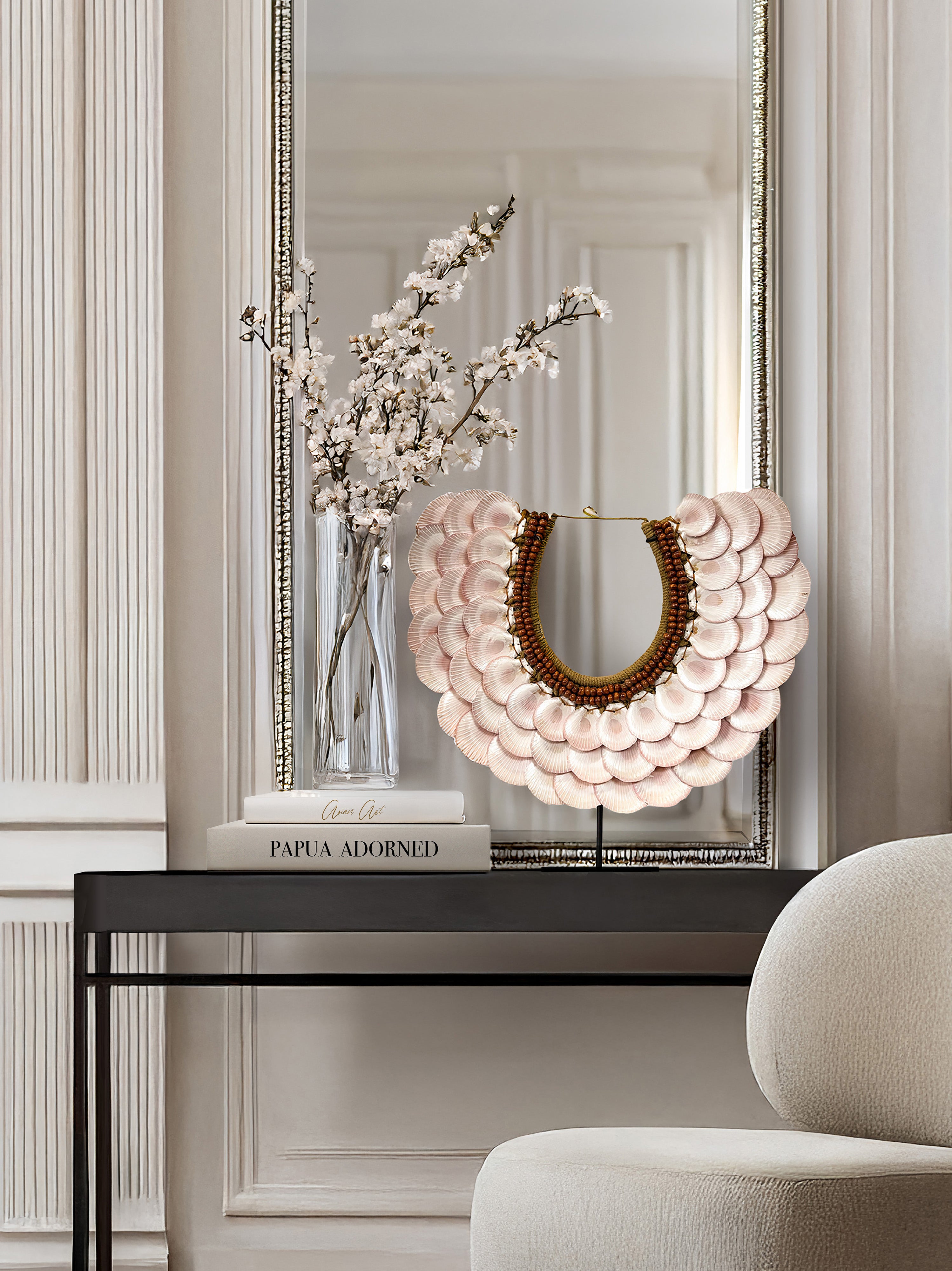 Cardiidae shell necklace from Papua New Guinea – handcrafted tribal jewelry displayed at Kirschon Lake Como, Italy – unique coastal home décor accent