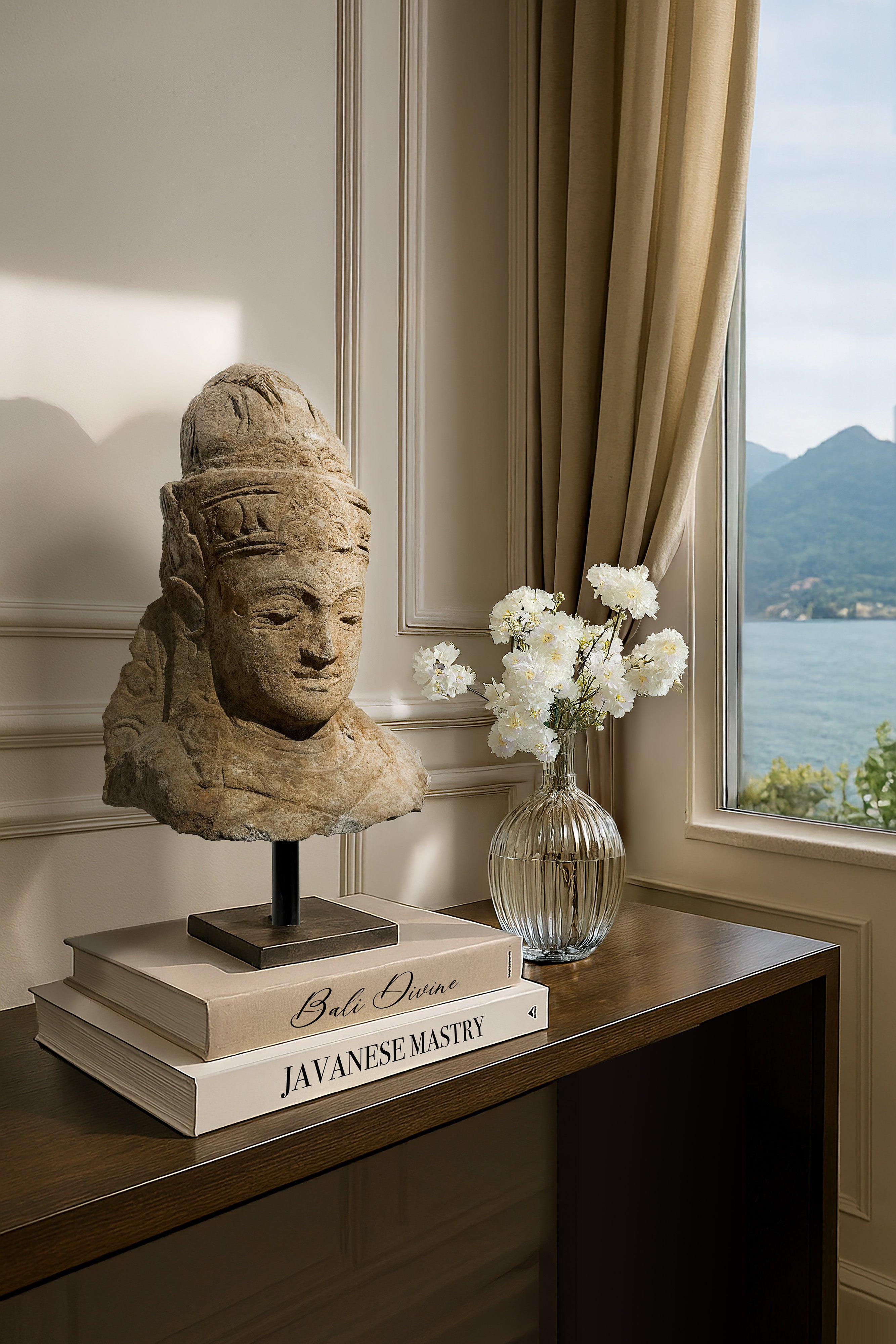 Asian Stone Statue hand-carved in Java – Sacred sculpture available at Kirschon near Lake Como