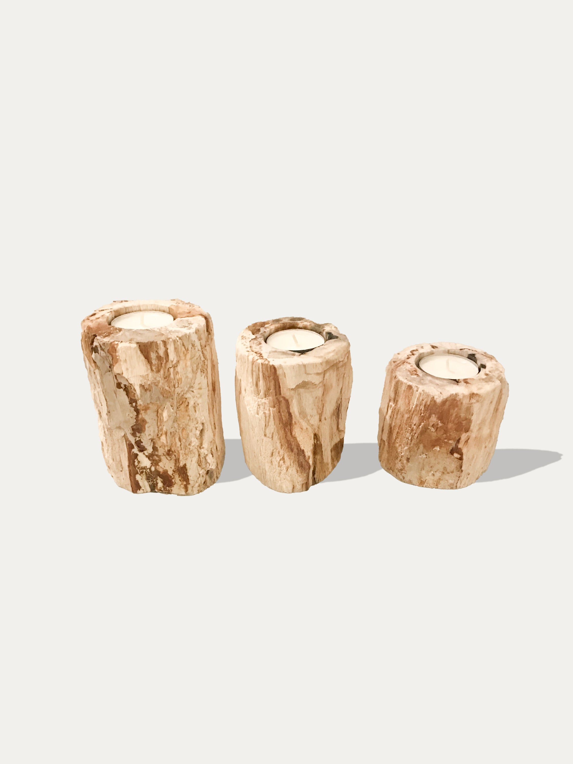 Set of 3 organic reversible candle holders in petrified wood