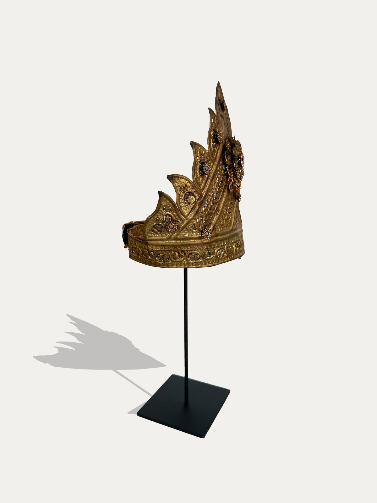 Vintage Indonesian ceremonial Mahkota Tanjak crown in brass and glass