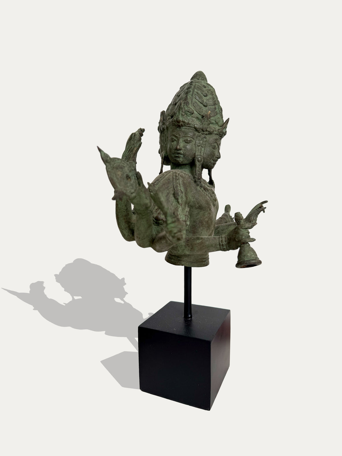 Bronze Hindu deity sculpture inspired by Brahma with verdigris patina