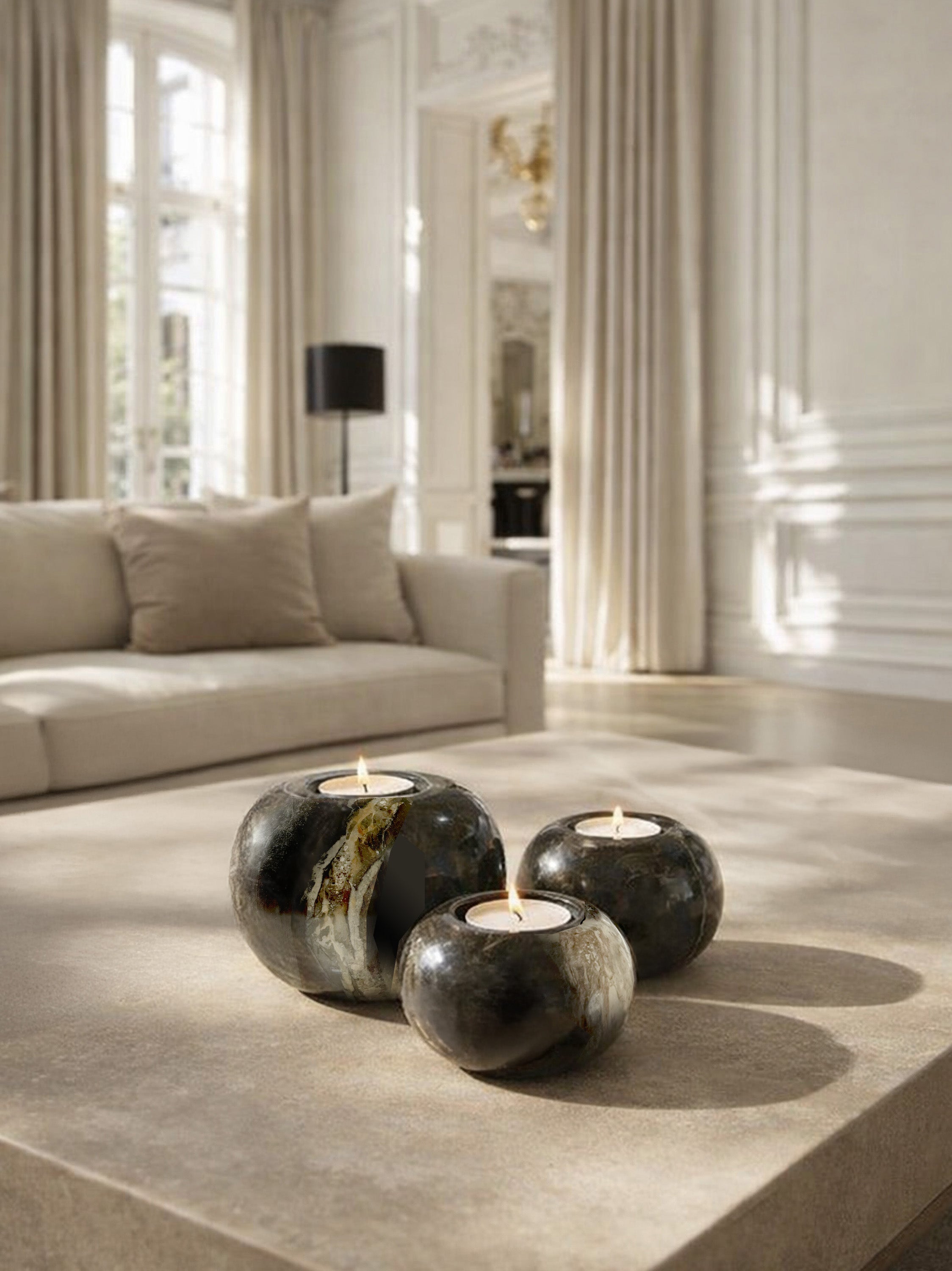 Set di 3 portacandele reversibili in legno pietrificato