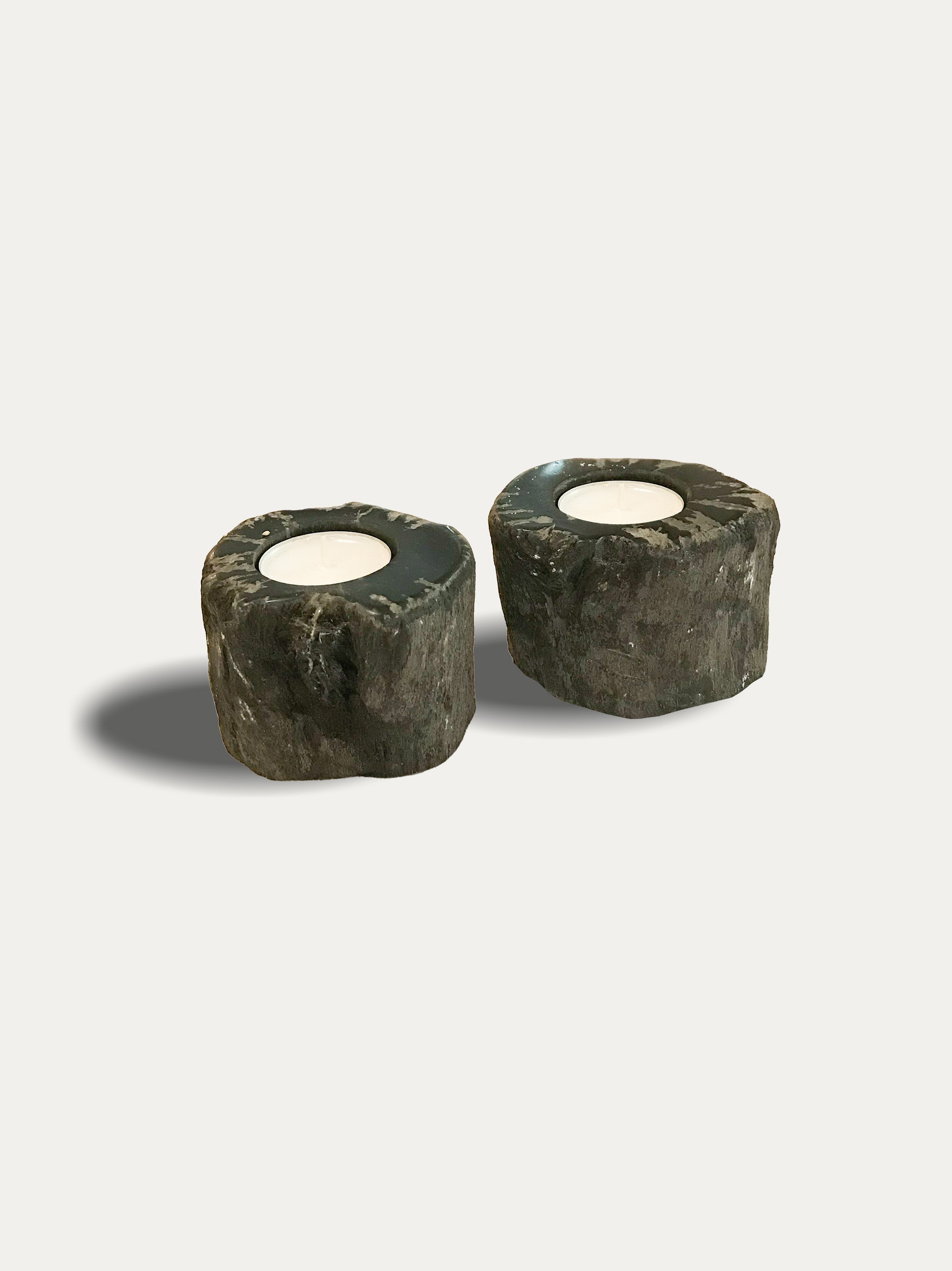 Set of 2 organic reversible candle/incense holders in petrified wood and assorted balinese incense