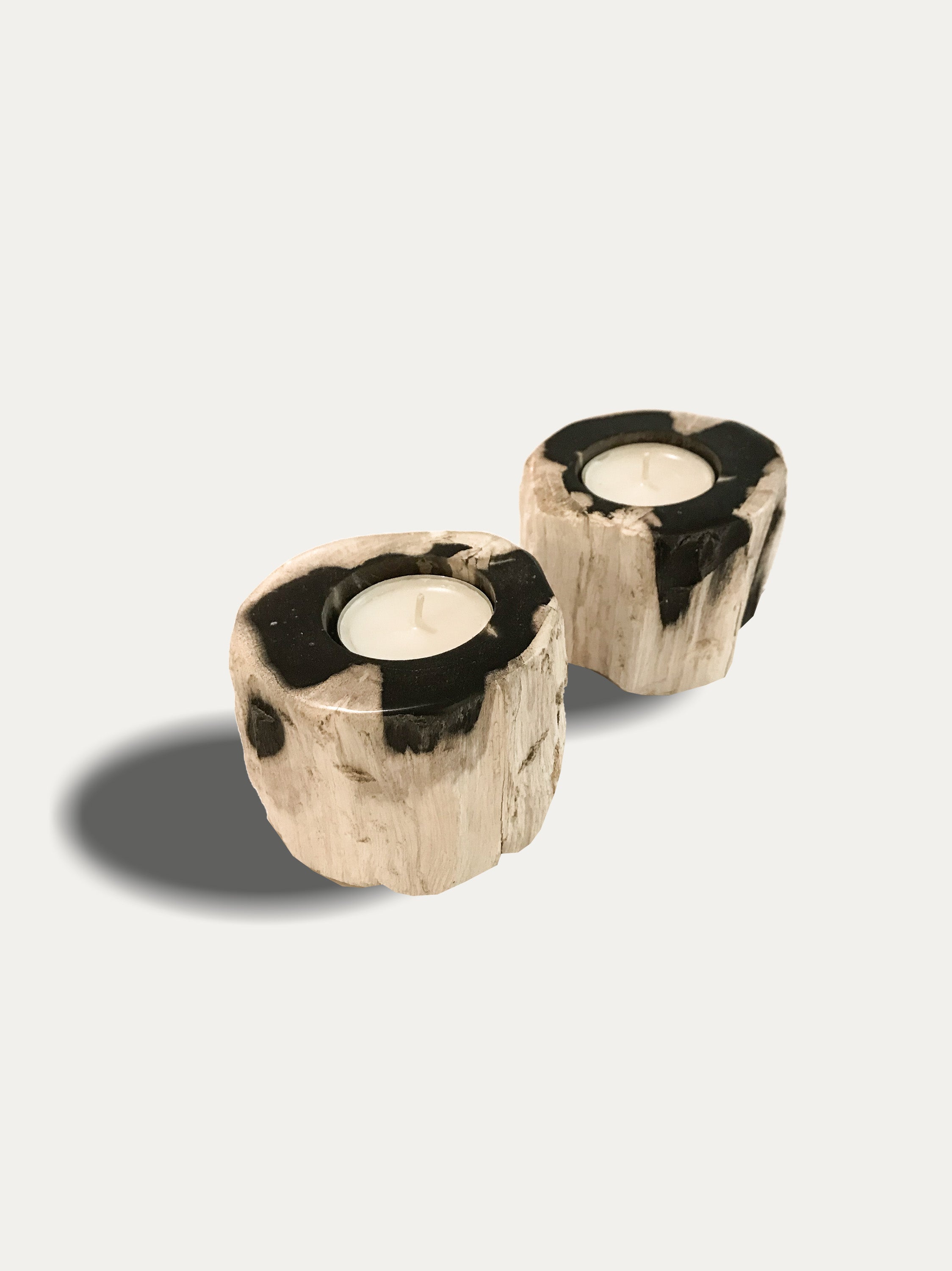 Set of 2 organic reversible candle/incense holders in petrified wood and assorted balinese incense