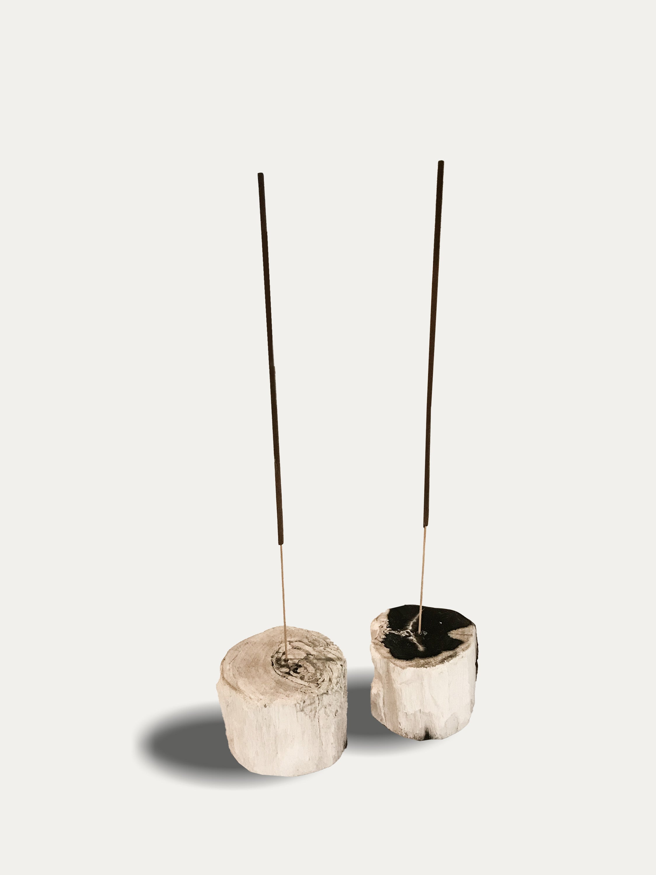 Set of 2 organic reversible candle/incense holders in petrified wood and assorted balinese incense