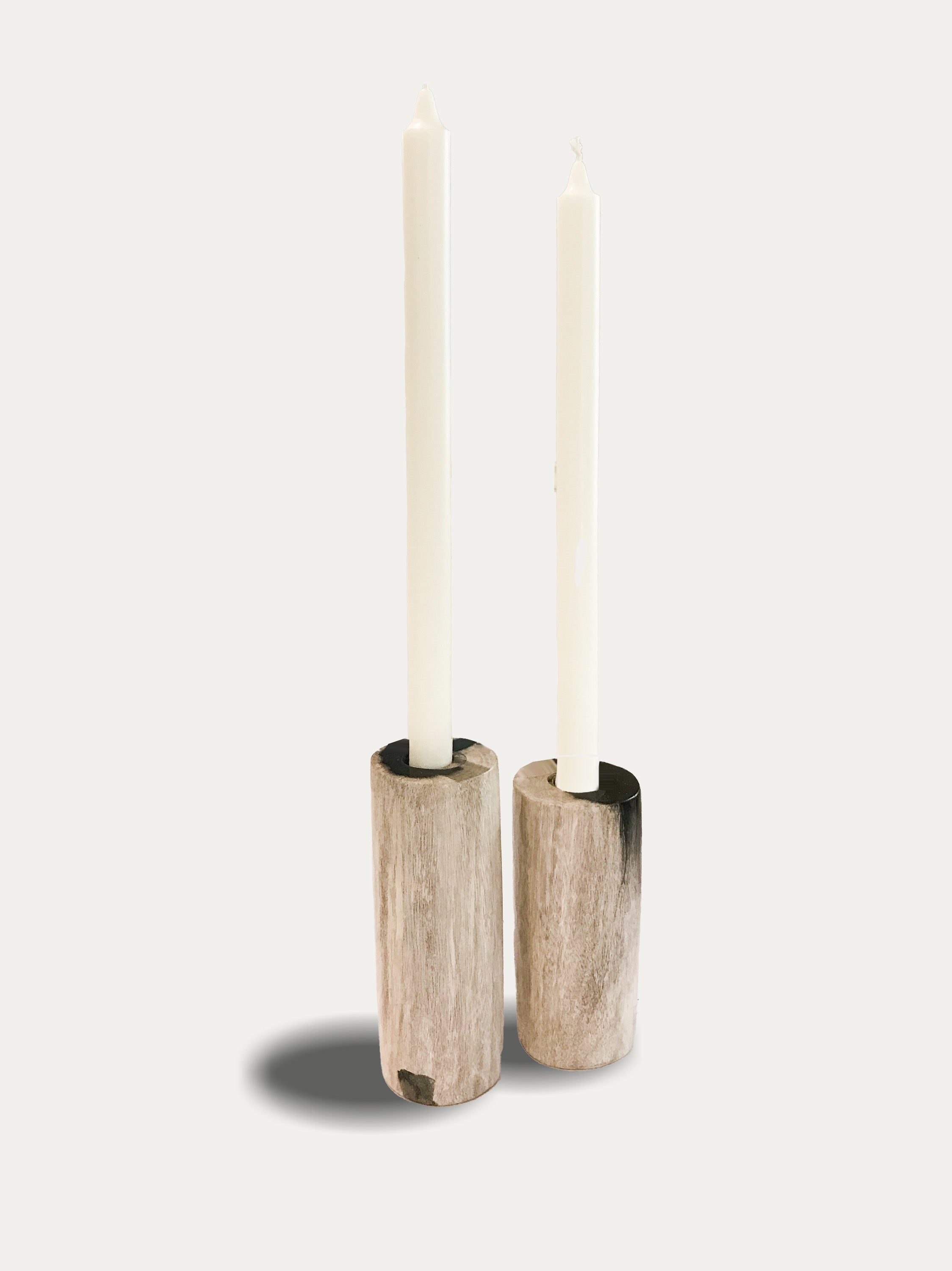 Set of 2 tall reversible candle holders in petrified wood