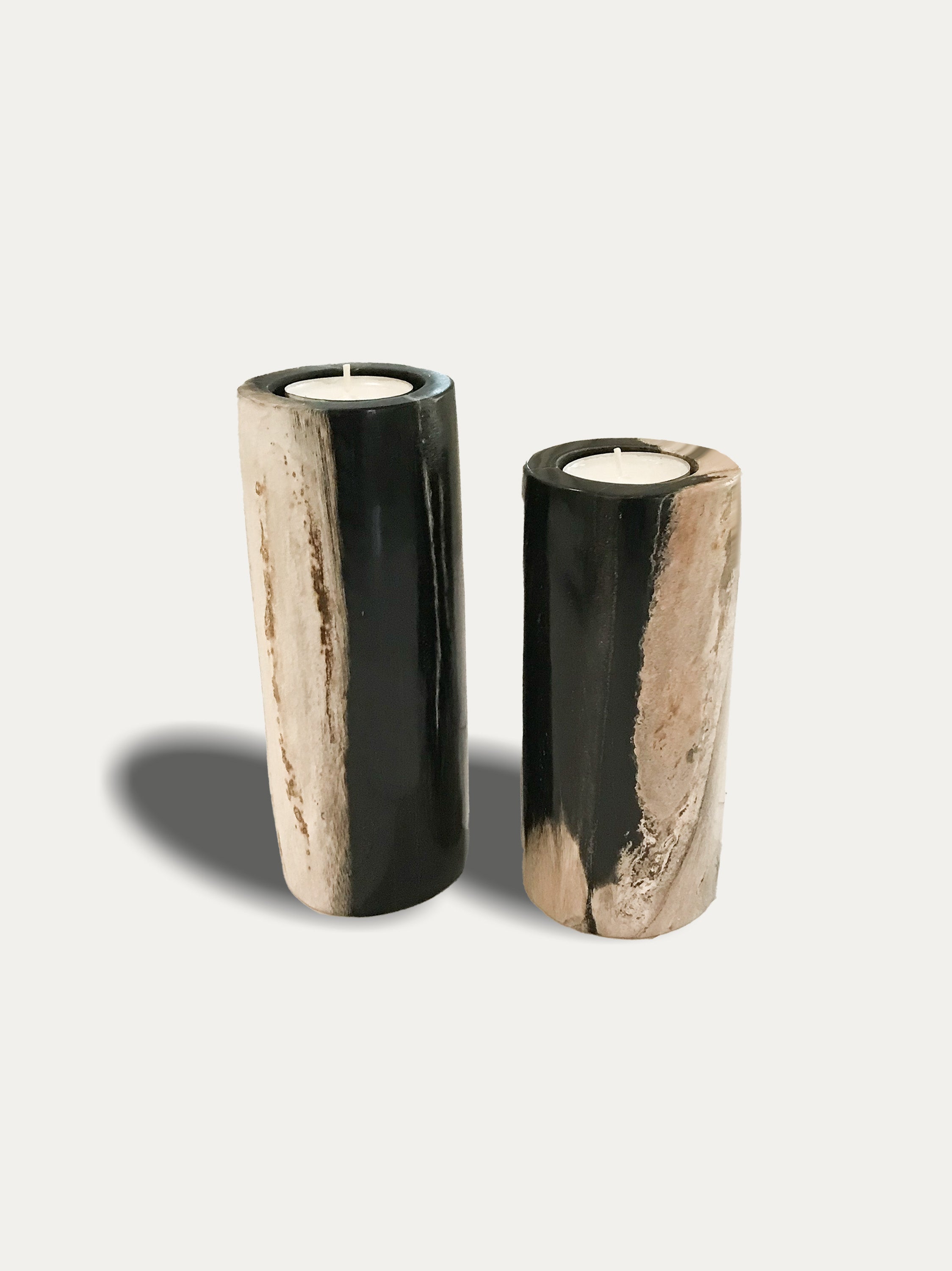 Set of 2 tall reversible candle holders in petrified wood