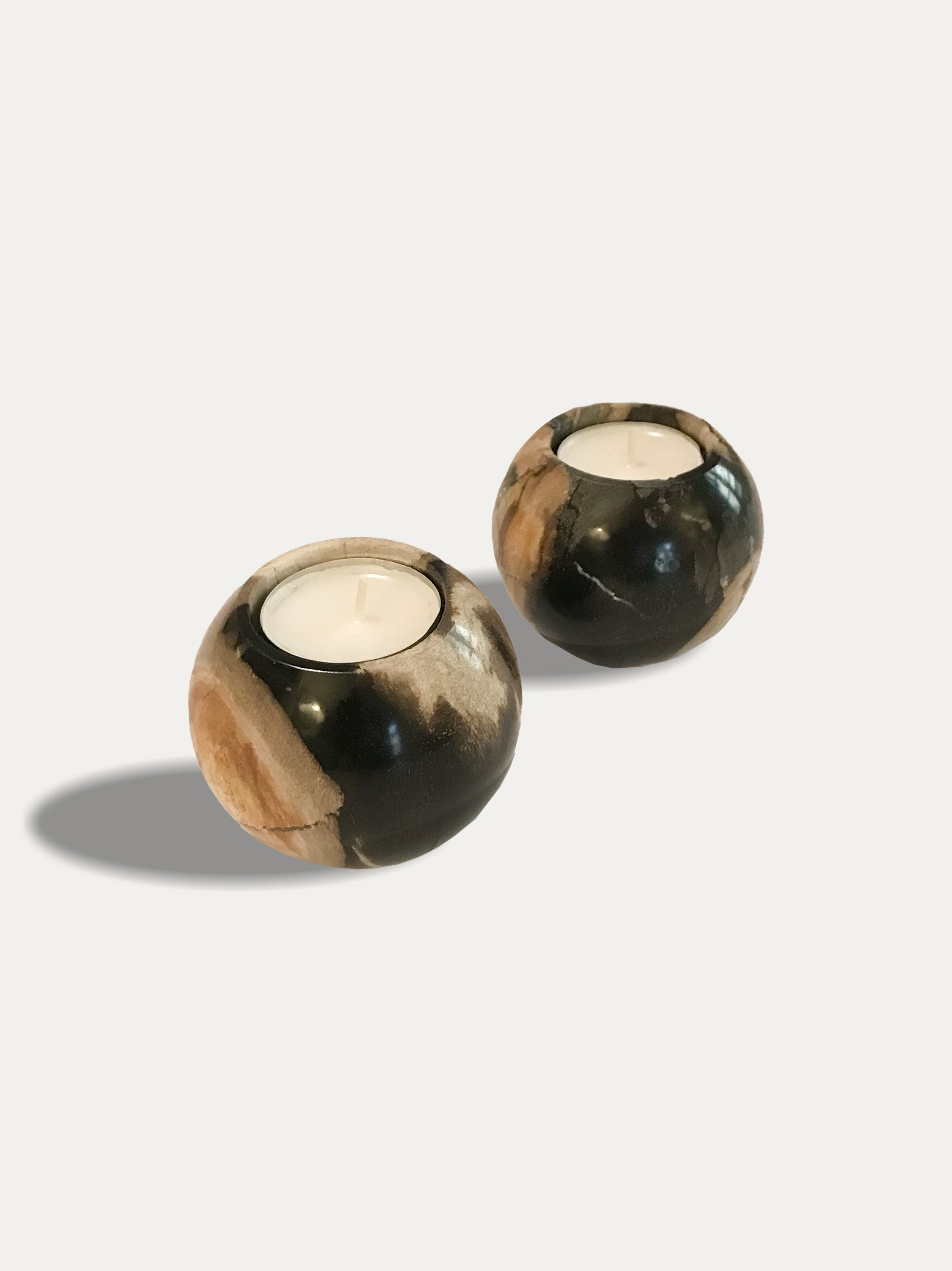 Set of 2 round reversible candle/incense holders in petrified wood and assorted balinese incense