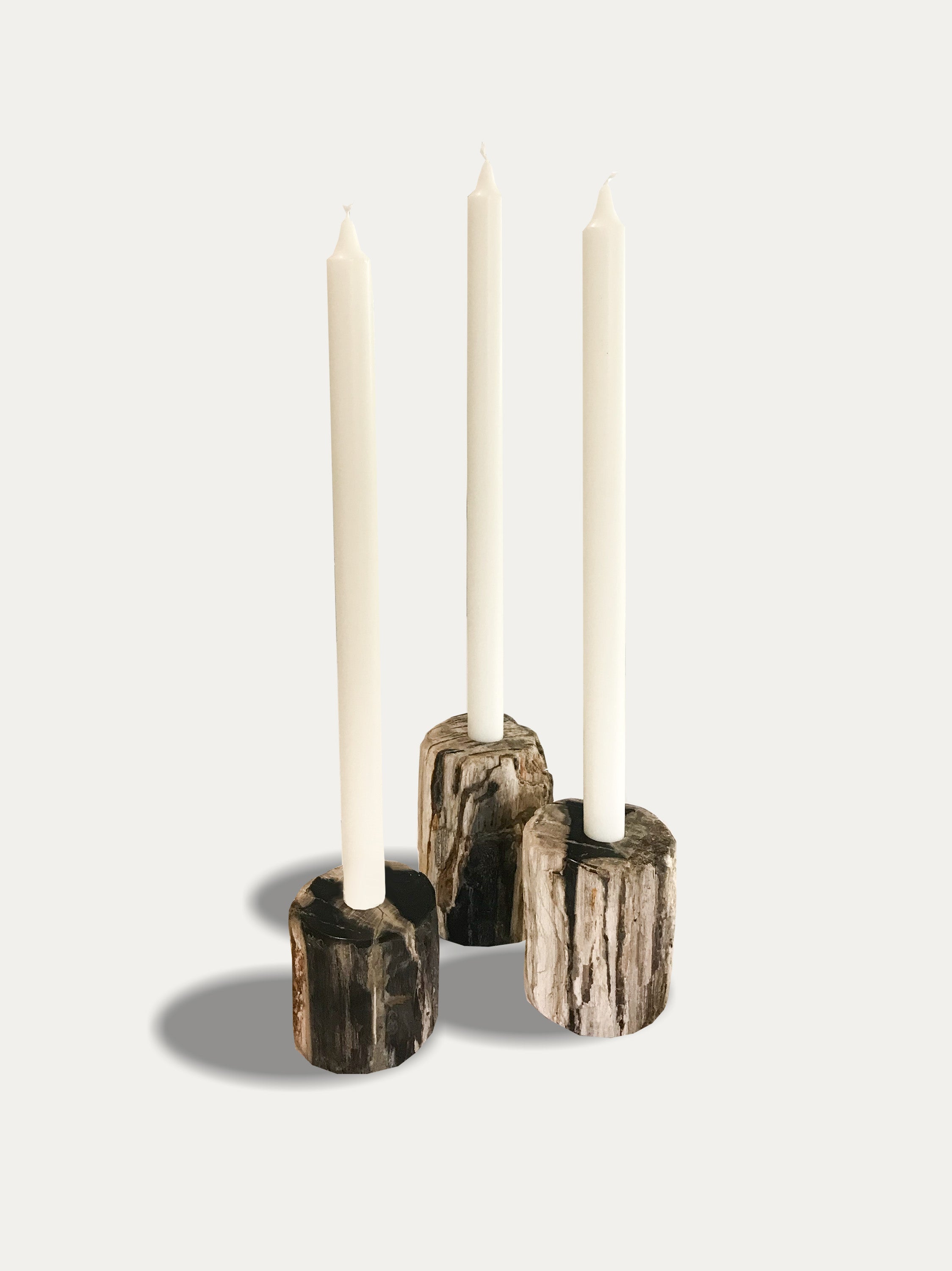 Set of 3 organic reversible candle holders in petrified wood