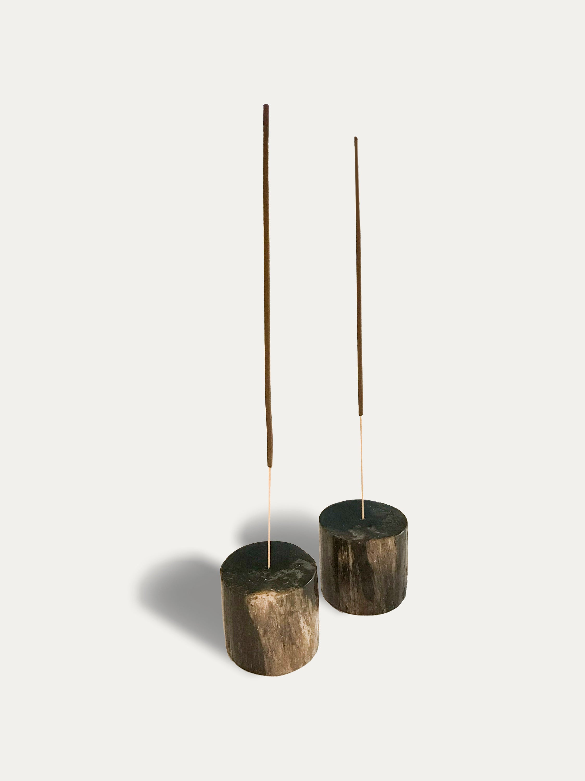 Set of 2 reversible candle/incense holders in petrified wood and assorted balinese incense