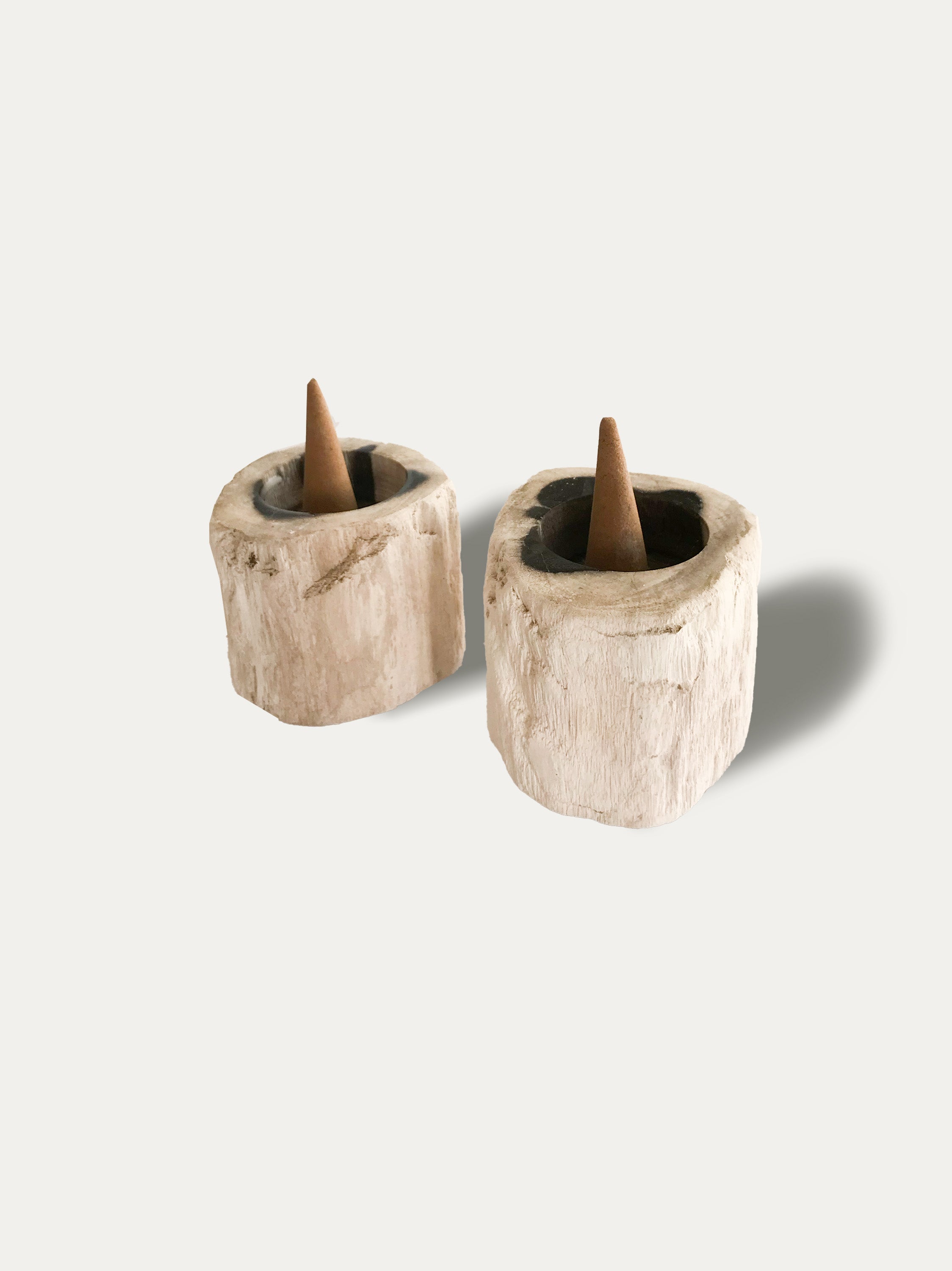 Set of 2 organic reversible candle/incense holders in petrified wood and assorted balinese incense