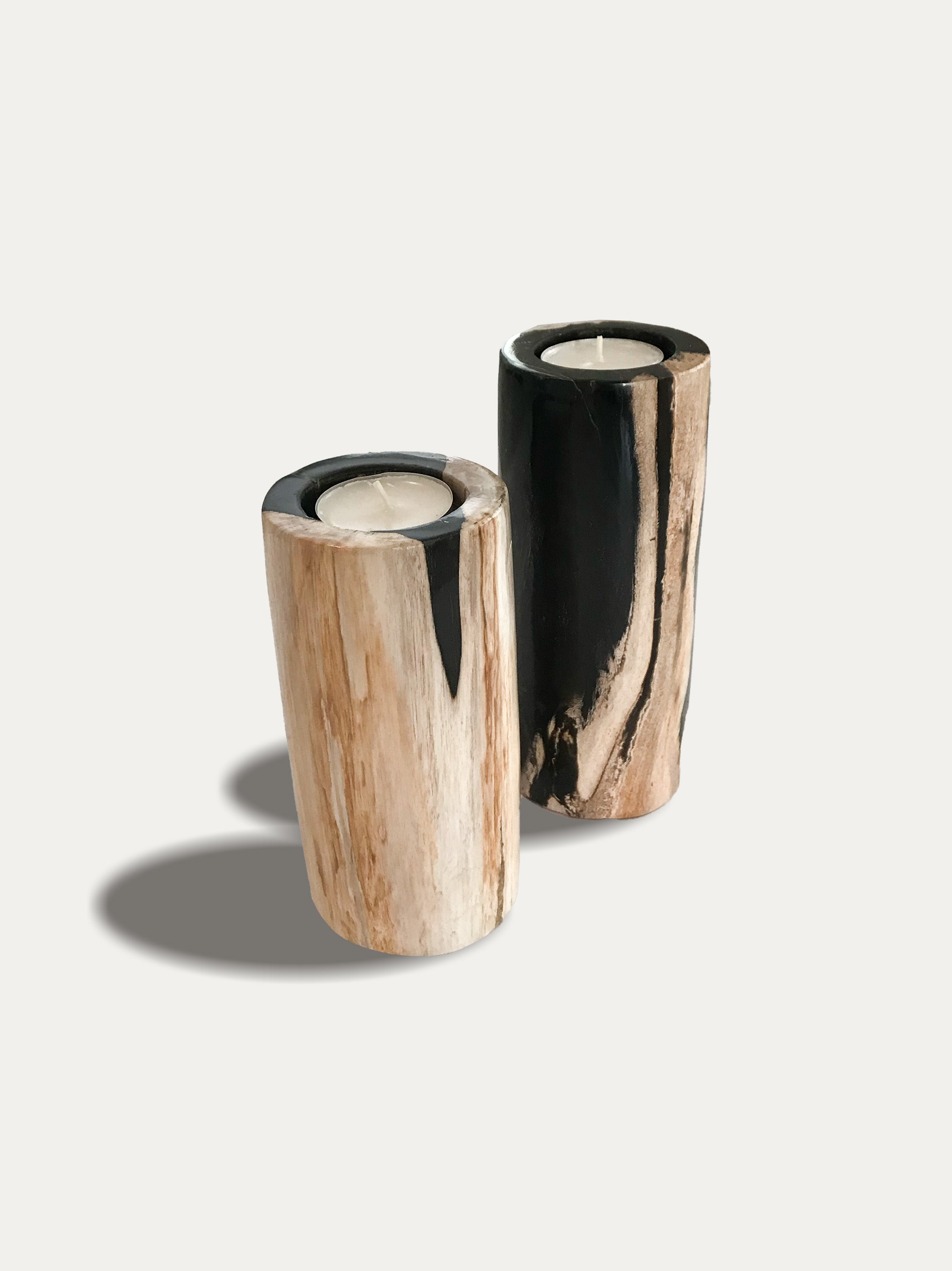 Set of 2 tall reversible candle holders in petrified wood