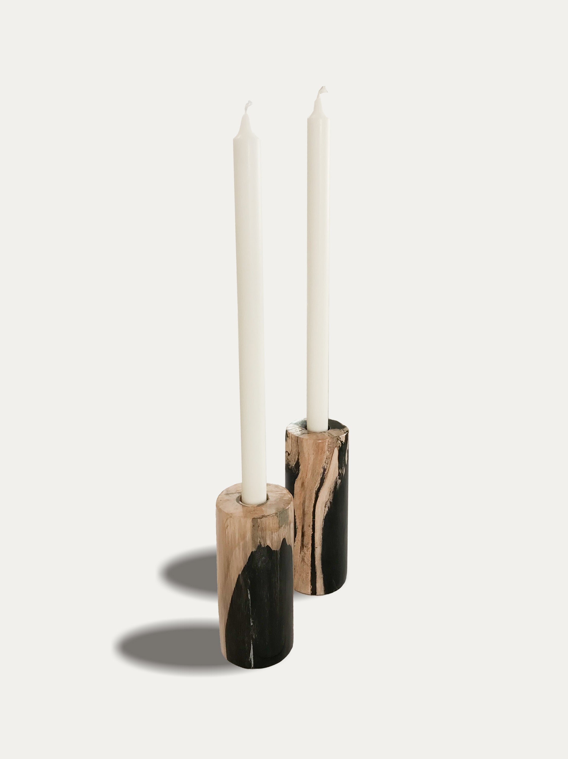 Set of 2 tall reversible candle holders in petrified wood
