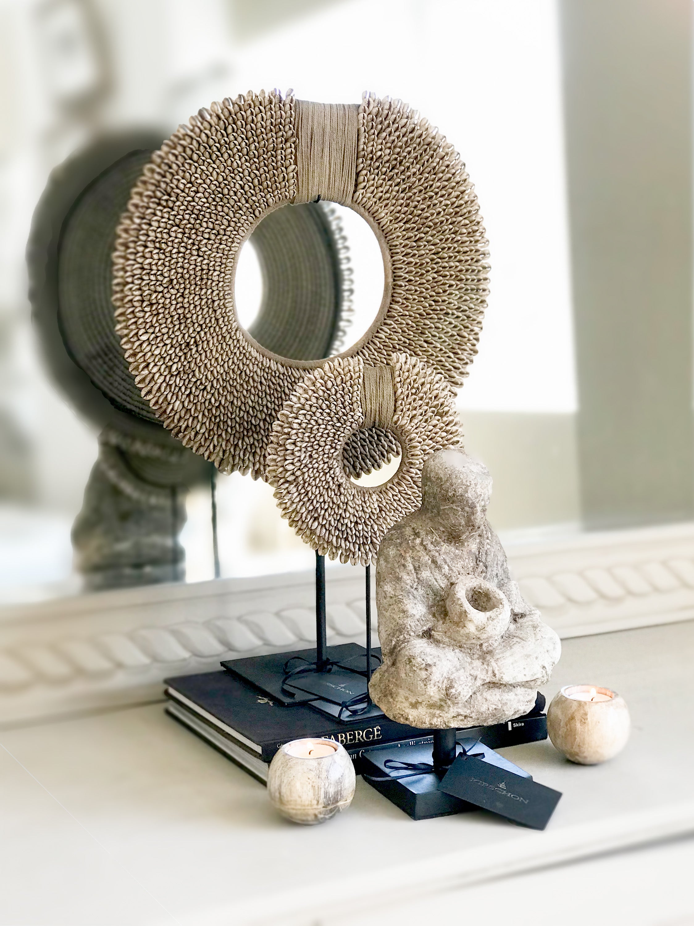 Set of 2 round reversible candle/incense holders in petrified wood and assorted balinese incense