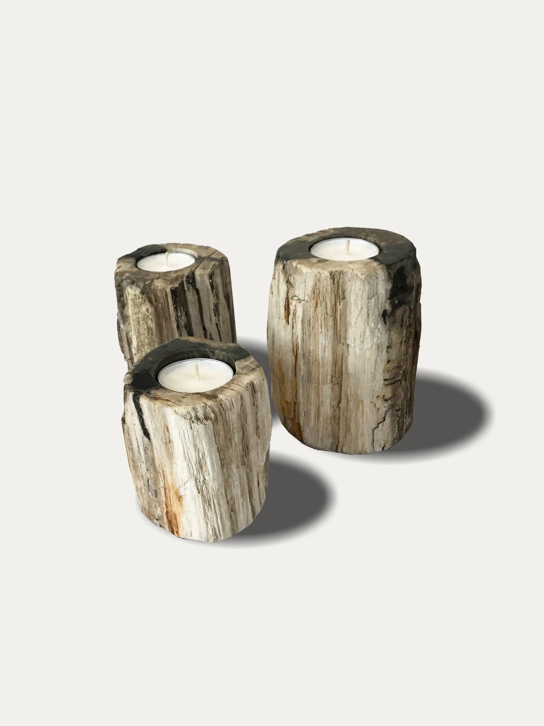 Set of 3 organic reversible candle holders in petrified wood