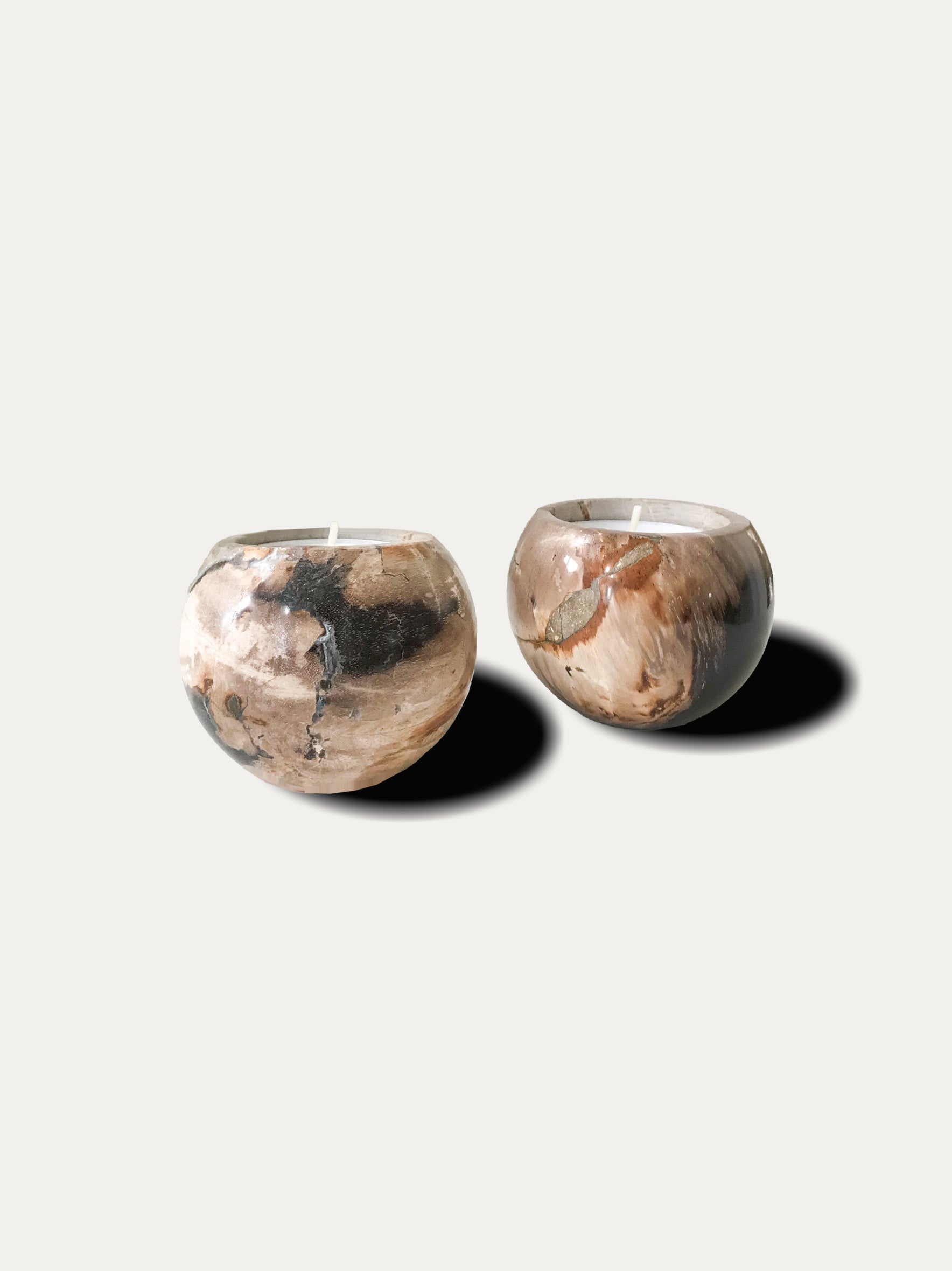 Set of 2 round reversible candle/incense holders in petrified wood and assorted balinese incense