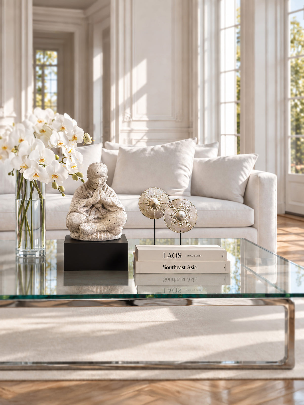 Large praying monk statue and Timor pectoral plates styled on a coffee table in a luxury living room