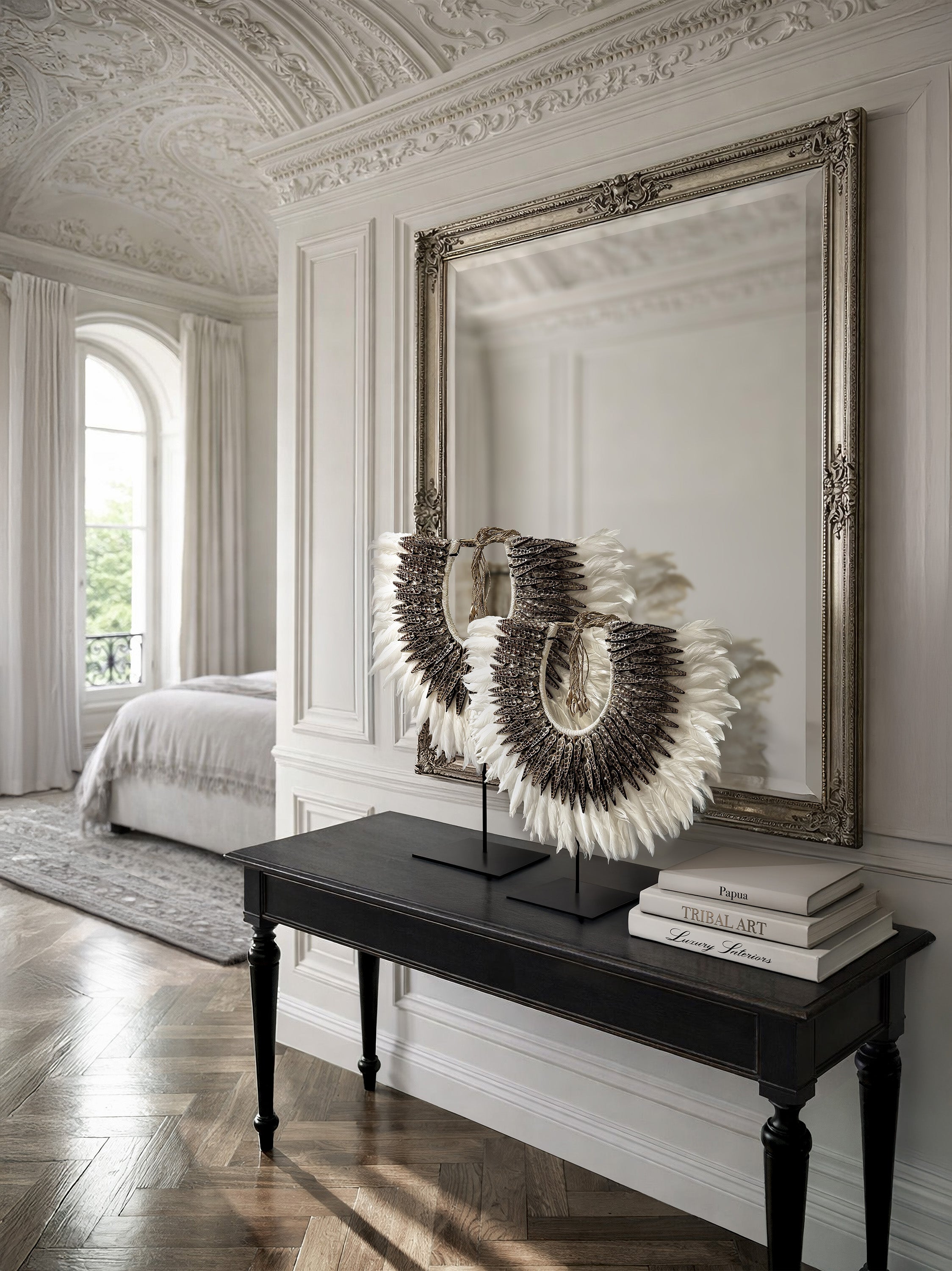 Set of 2 white spiral shell and feather necklaces from Papua