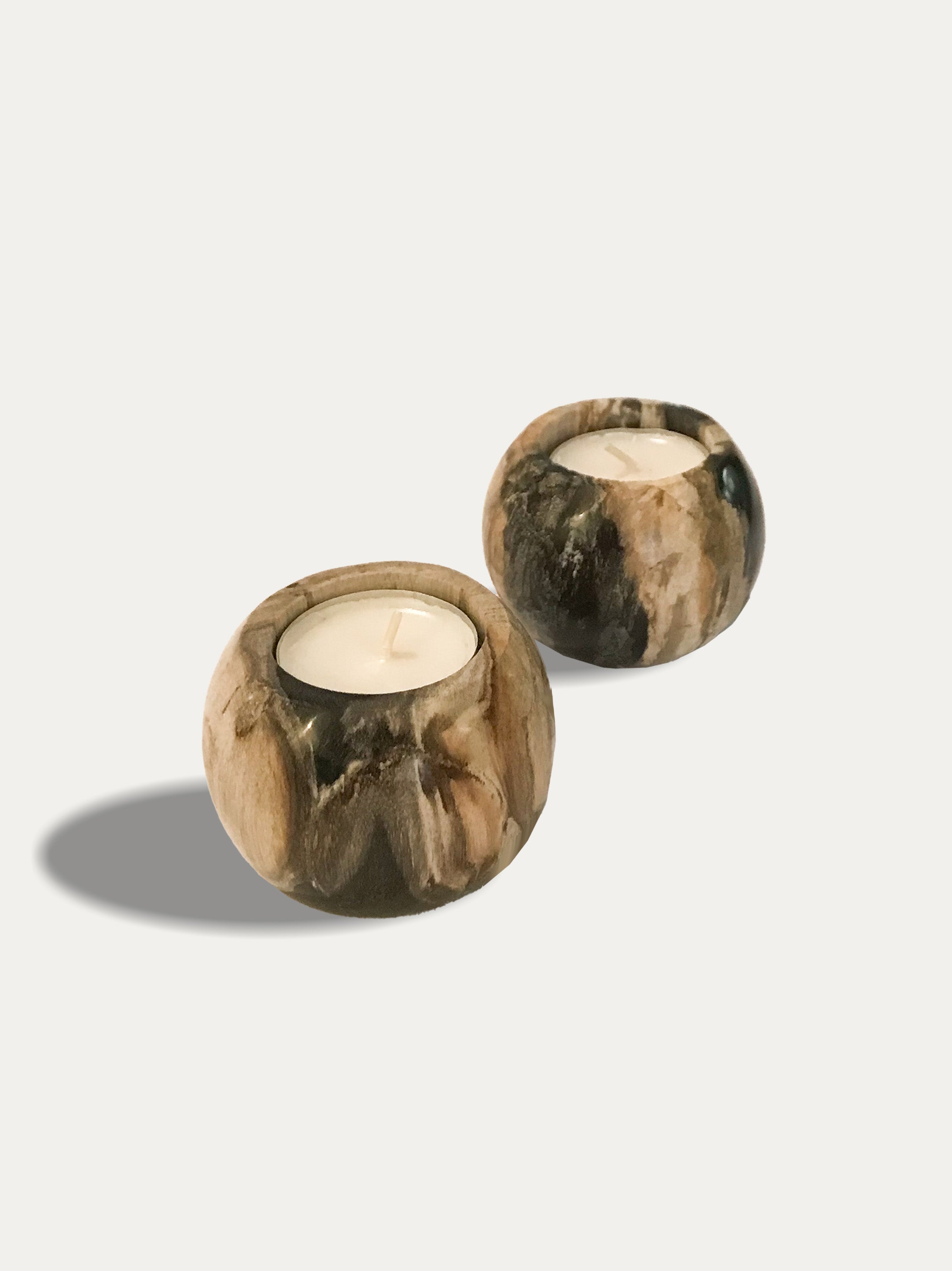 Set of 2 round reversible candle/incense holders in petrified wood and assorted balinese incense